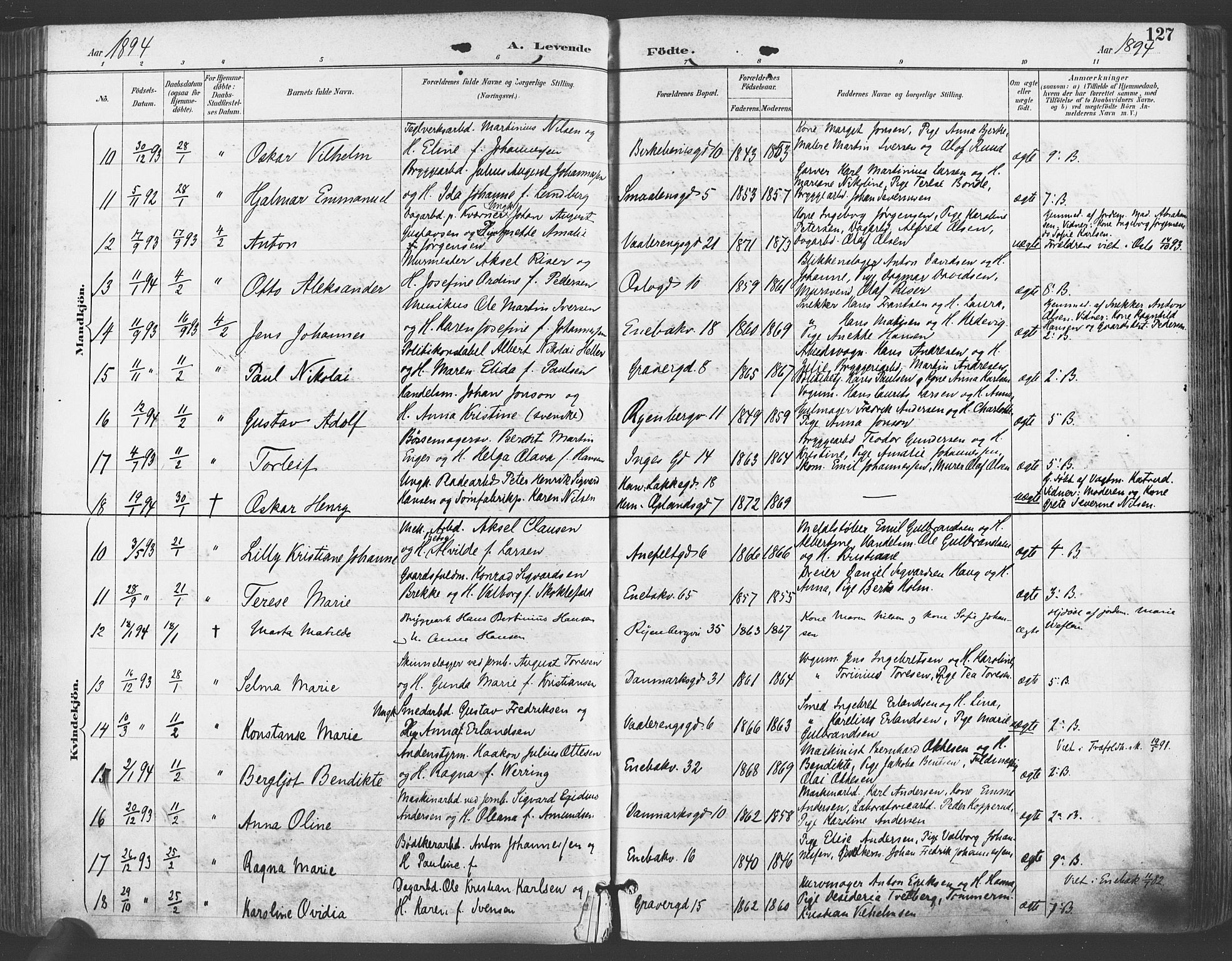 Gamlebyen prestekontor Kirkebøker, AV/SAO-A-10884/F/Fa/L0007: Ministerialbok nr. 7, 1889-1899, s. 127