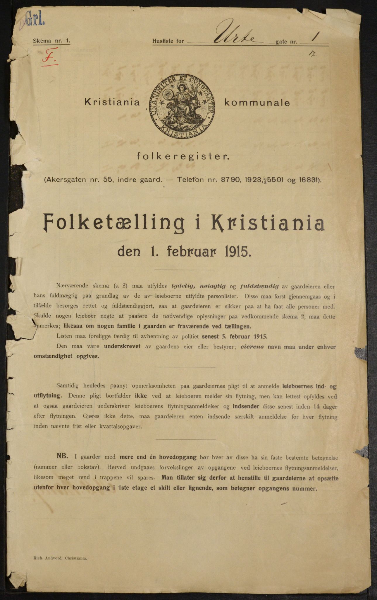 OBA, Kommunal folketelling 1.2.1915 for Kristiania, 1915, s. 121200