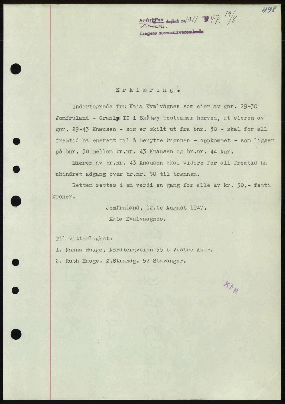 Kragerø sorenskriveri, SAKO/A-65/G/Ga/Gab/L0061: Pantebok nr. A-61, 1947-1947, Dagboknr: 1011/1947