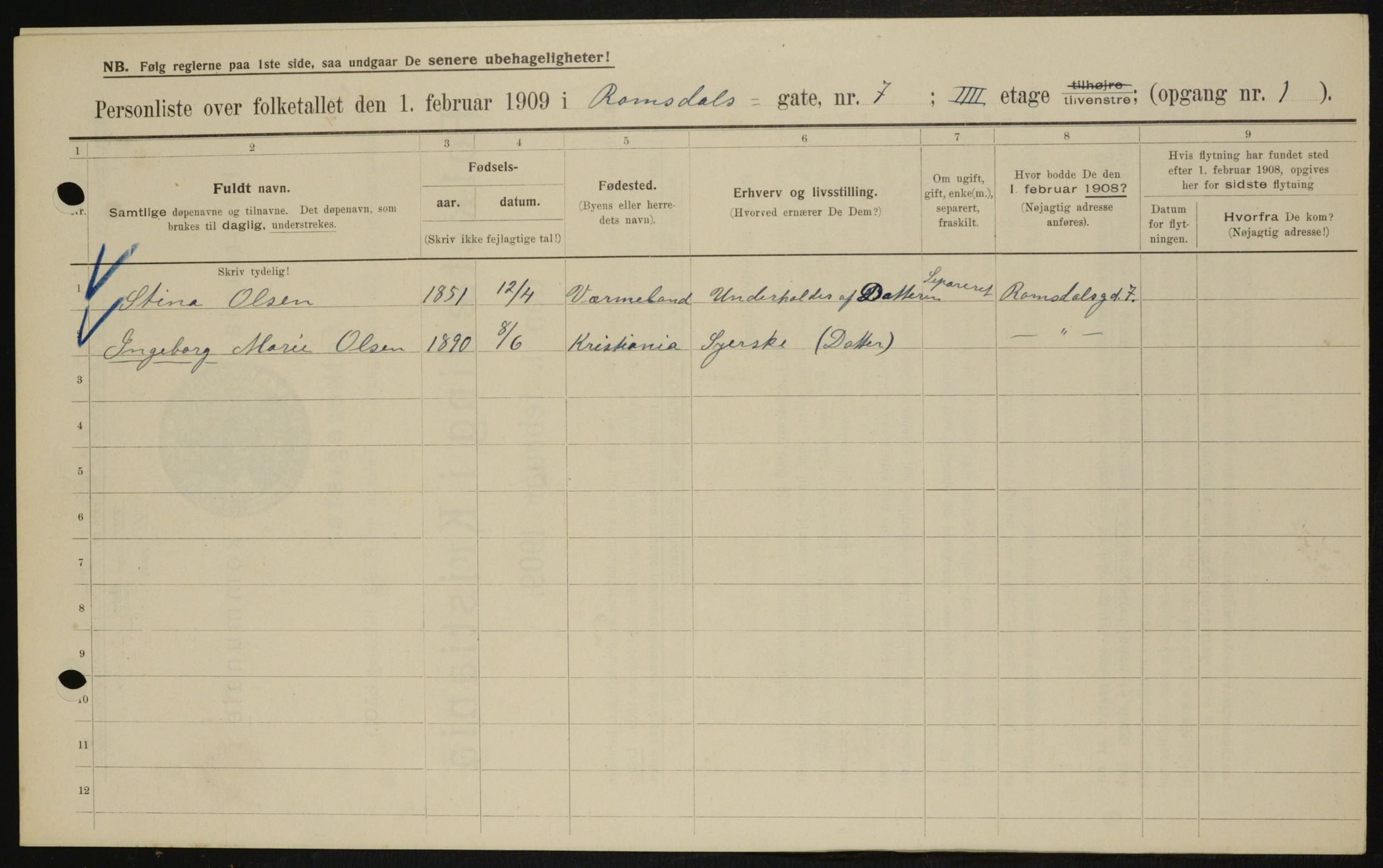 OBA, Kommunal folketelling 1.2.1909 for Kristiania kjøpstad, 1909, s. 75513