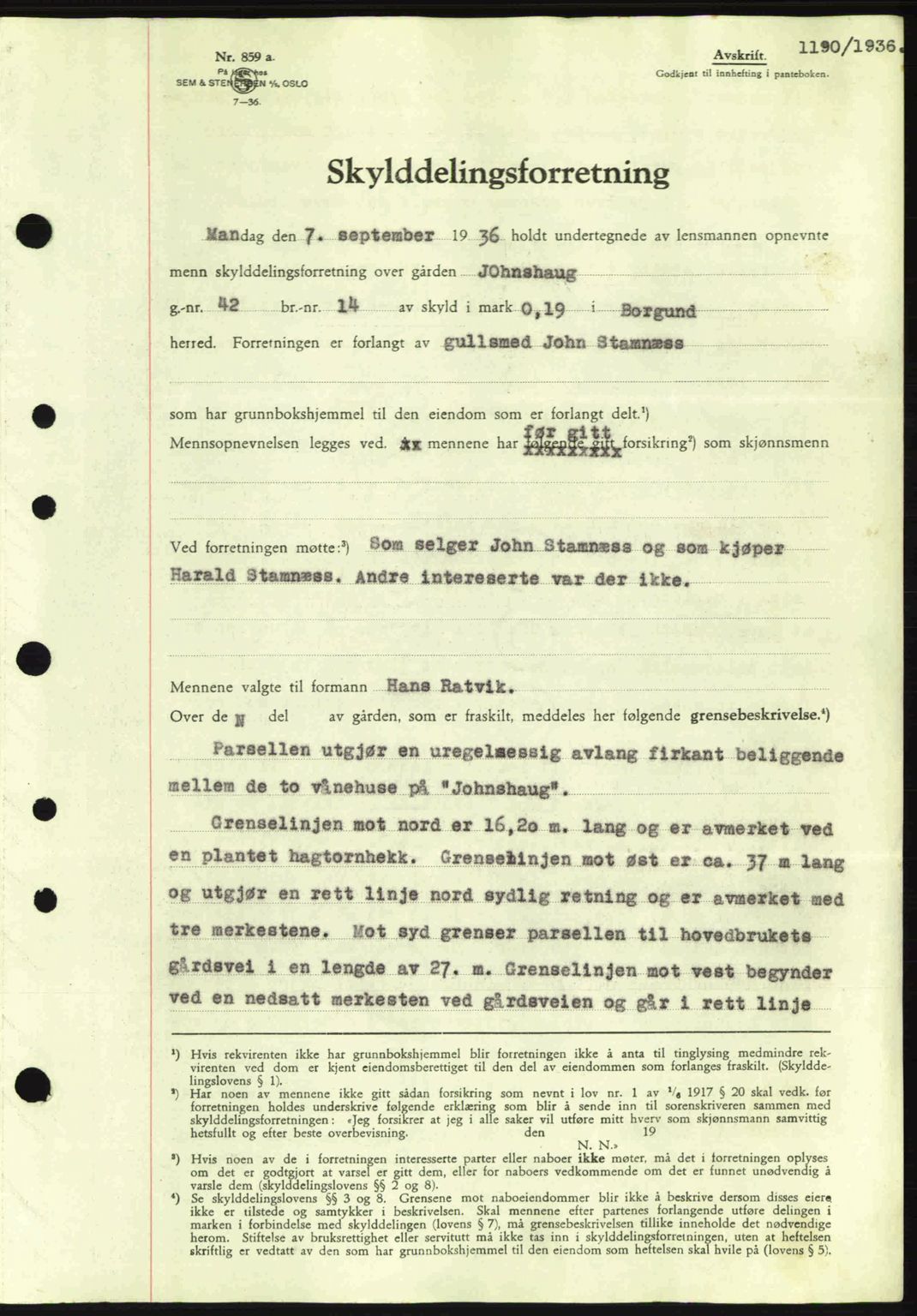 Nordre Sunnmøre sorenskriveri, AV/SAT-A-0006/1/2/2C/2Ca: Pantebok nr. A1, 1936-1936, Dagboknr: 1190/1936