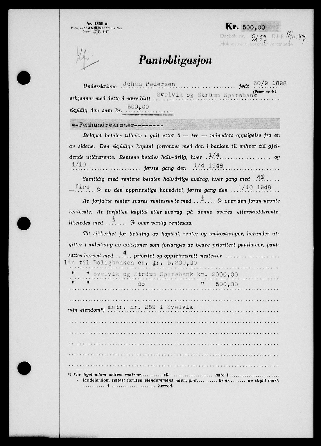 Holmestrand sorenskriveri, SAKO/A-67/G/Ga/Gab/L0058: Pantebok nr. B-58, 1947-1948, Dagboknr: 2187/1947