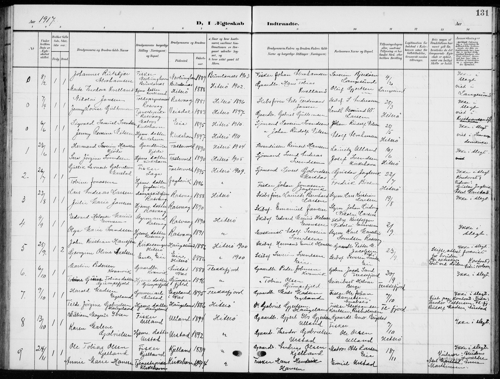 Flekkefjord sokneprestkontor, AV/SAK-1111-0012/F/Fb/Fbb/L0005: Klokkerbok nr. B 5, 1908-1927, s. 131