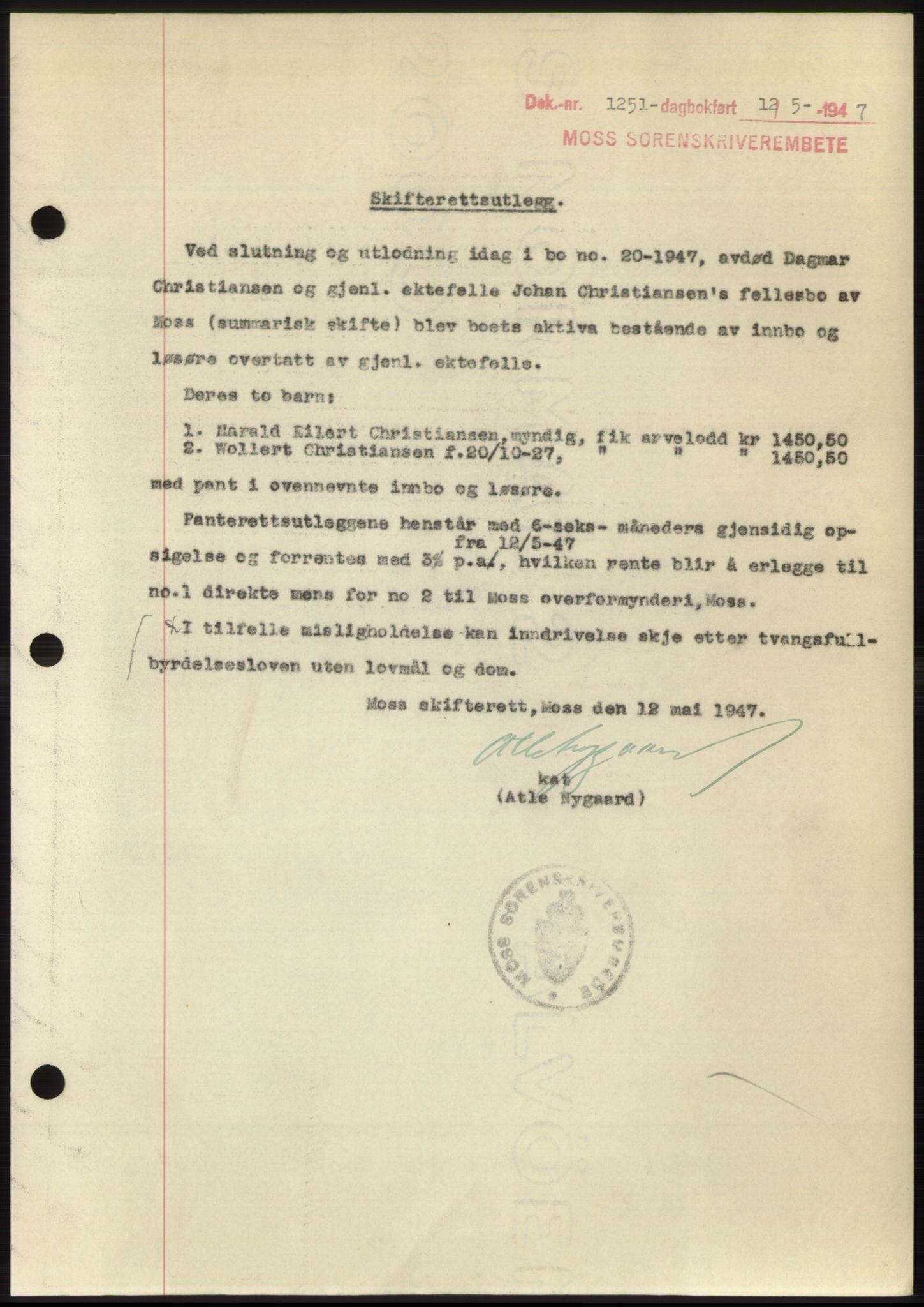 Moss sorenskriveri, SAO/A-10168: Pantebok nr. B17, 1947-1947, Dagboknr: 1251/1947