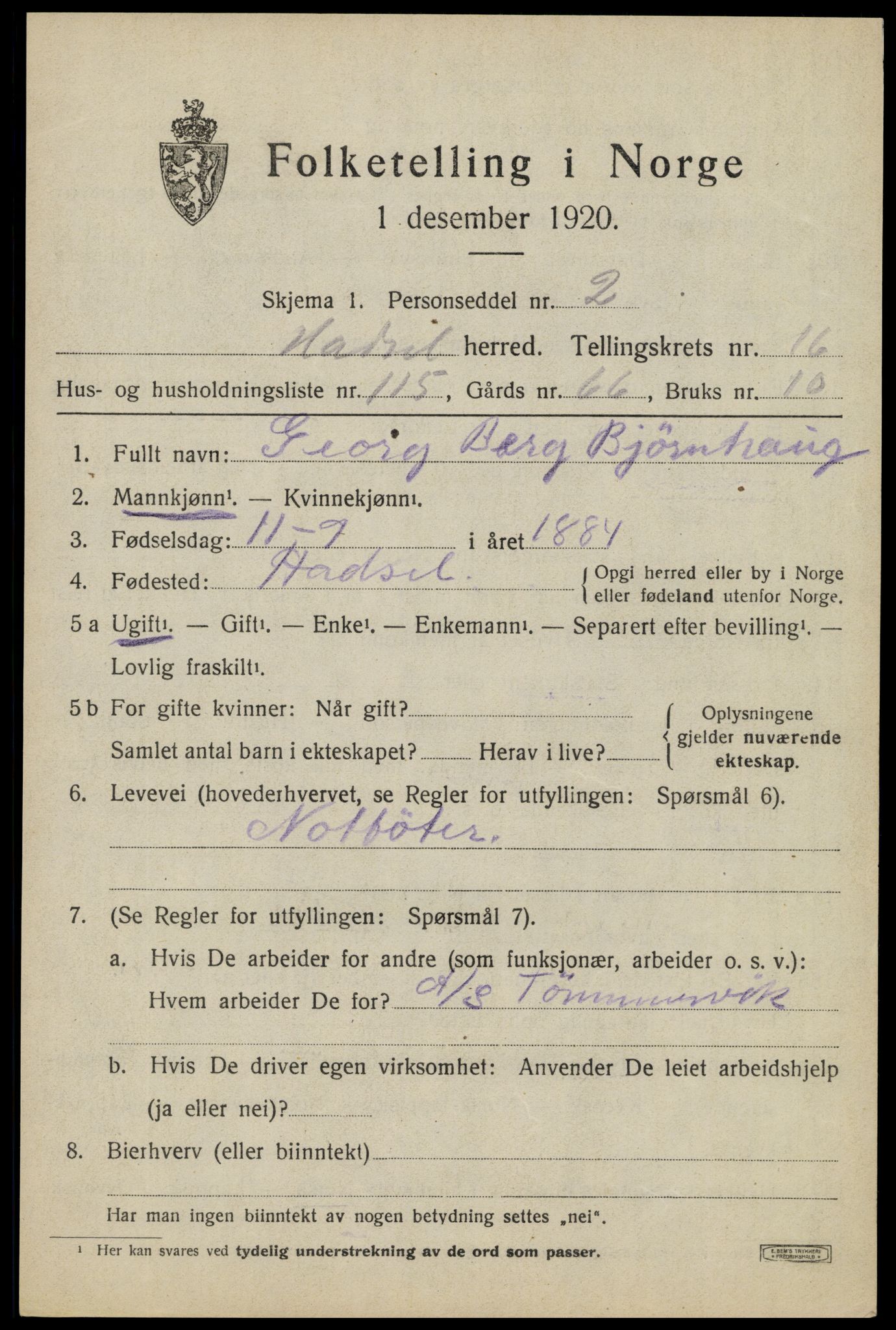 SAT, Folketelling 1920 for 1866 Hadsel herred, 1920, s. 15452
