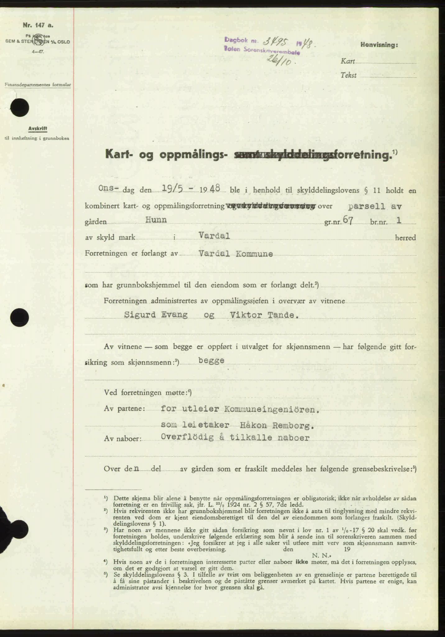 Toten tingrett, SAH/TING-006/H/Hb/Hbc/L0020: Pantebok nr. Hbc-20, 1948-1948, Dagboknr: 3495/1948