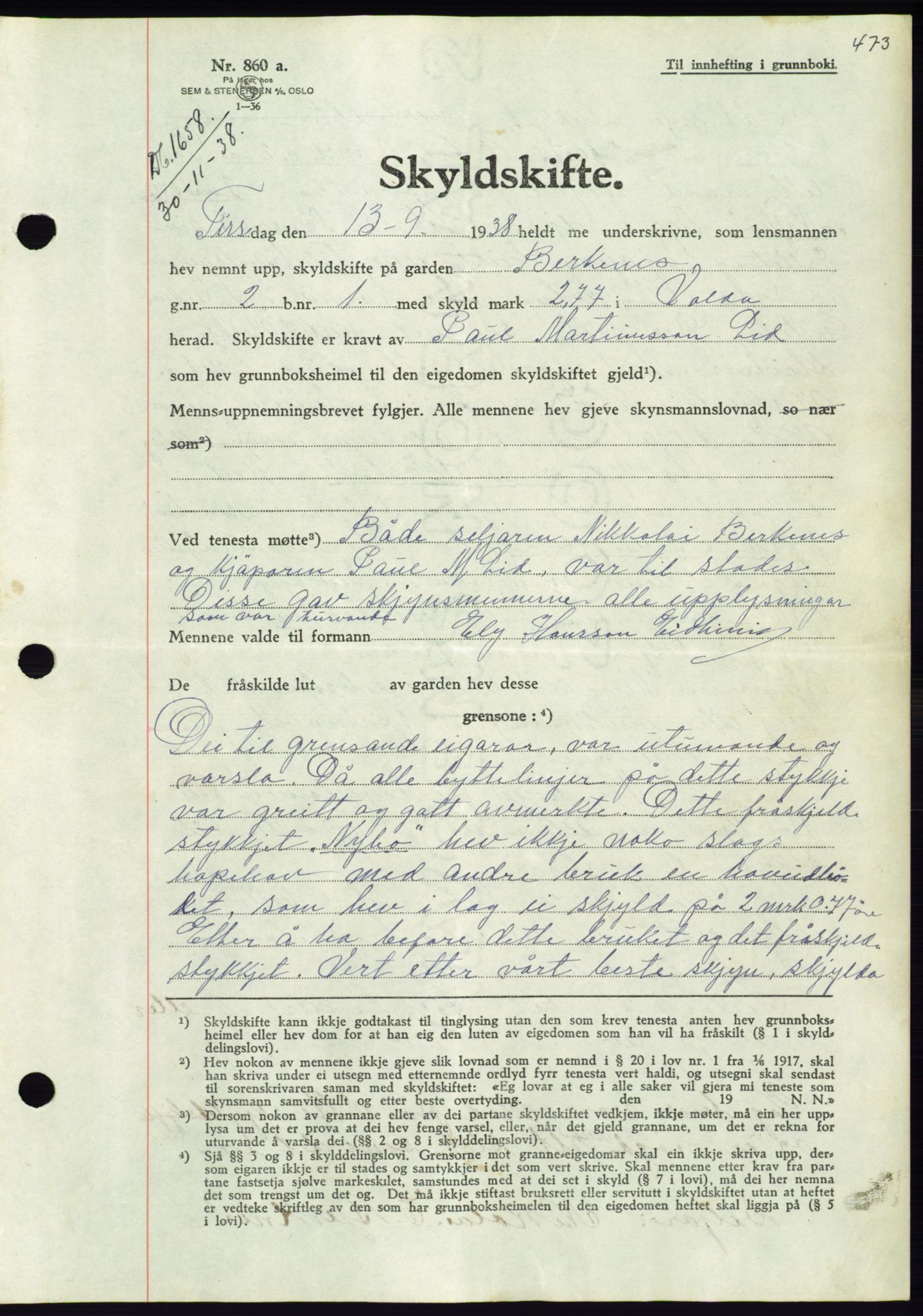 Søre Sunnmøre sorenskriveri, AV/SAT-A-4122/1/2/2C/L0066: Pantebok nr. 60, 1938-1938, Dagboknr: 1658/1938