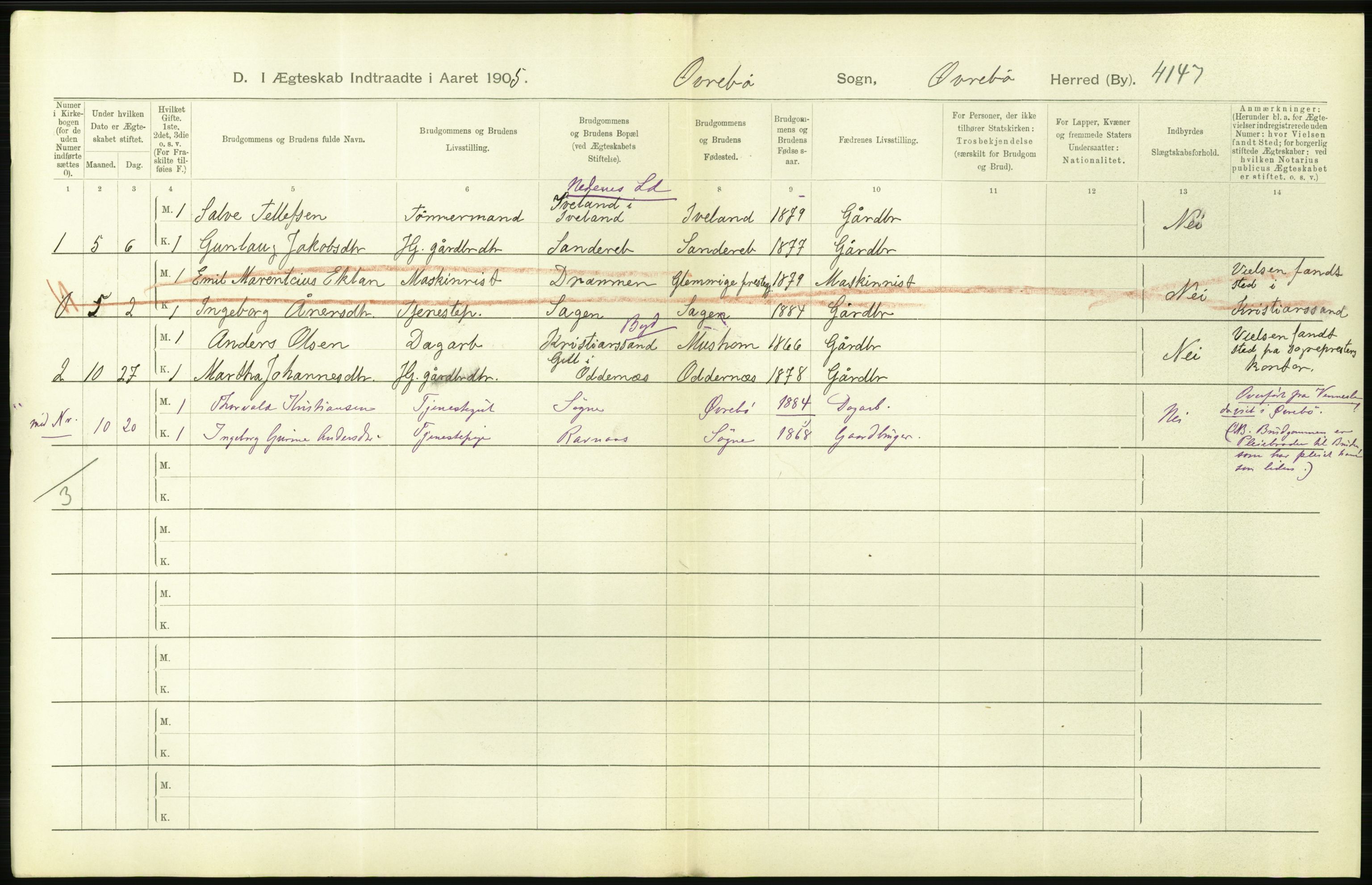 Statistisk sentralbyrå, Sosiodemografiske emner, Befolkning, AV/RA-S-2228/D/Df/Dfa/Dfac/L0020: Lister og Mandals amt: Fødte. Bygder, 1905, s. 24