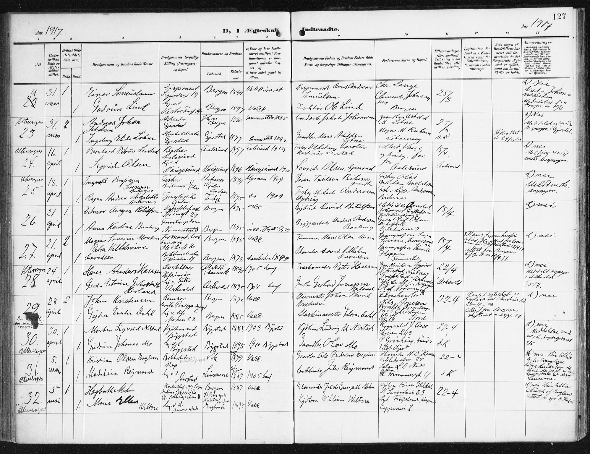 Domkirken sokneprestembete, AV/SAB-A-74801/H/Haa/L0038: Ministerialbok nr. D 5, 1906-1921, s. 127