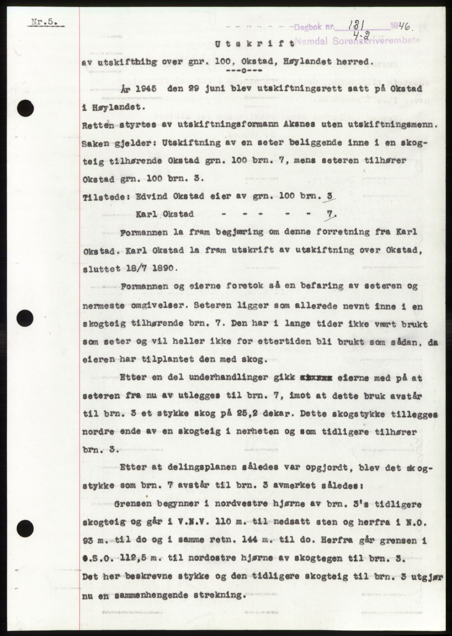 Namdal sorenskriveri, SAT/A-4133/1/2/2C: Pantebok nr. -, 1946-1946, Dagboknr: 131/1946