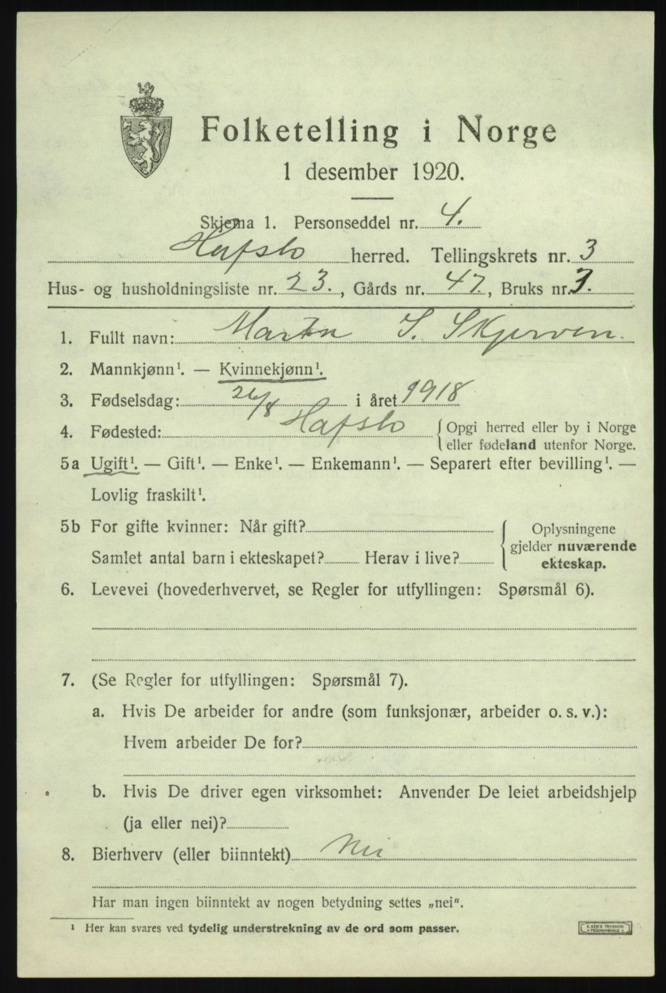 SAB, Folketelling 1920 for 1425 Hafslo herred, 1920, s. 2272