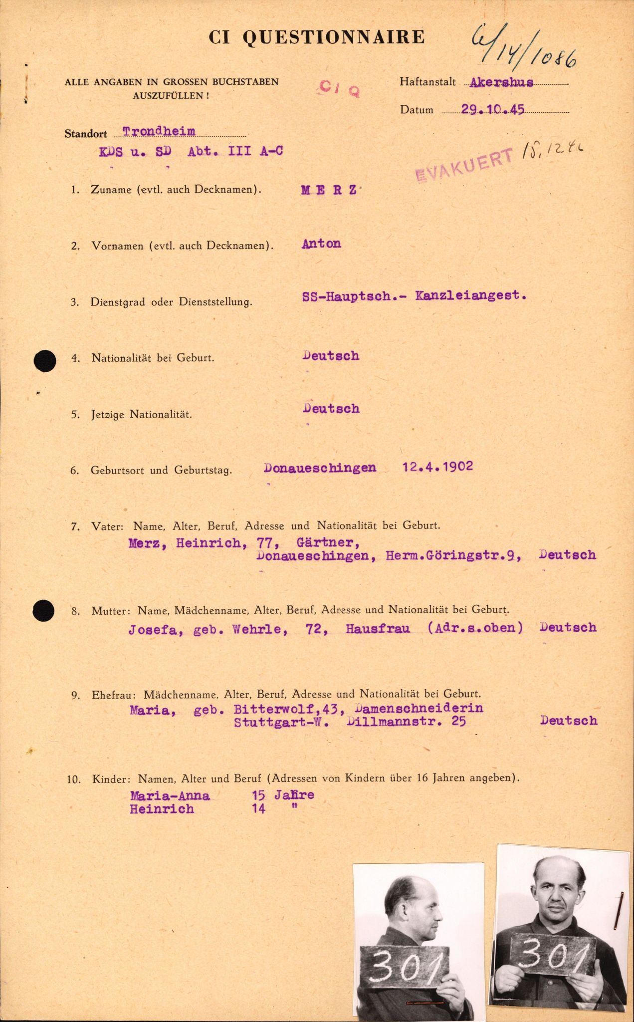 Forsvaret, Forsvarets overkommando II, AV/RA-RAFA-3915/D/Db/L0021: CI Questionaires. Tyske okkupasjonsstyrker i Norge. Tyskere., 1945-1946, s. 427