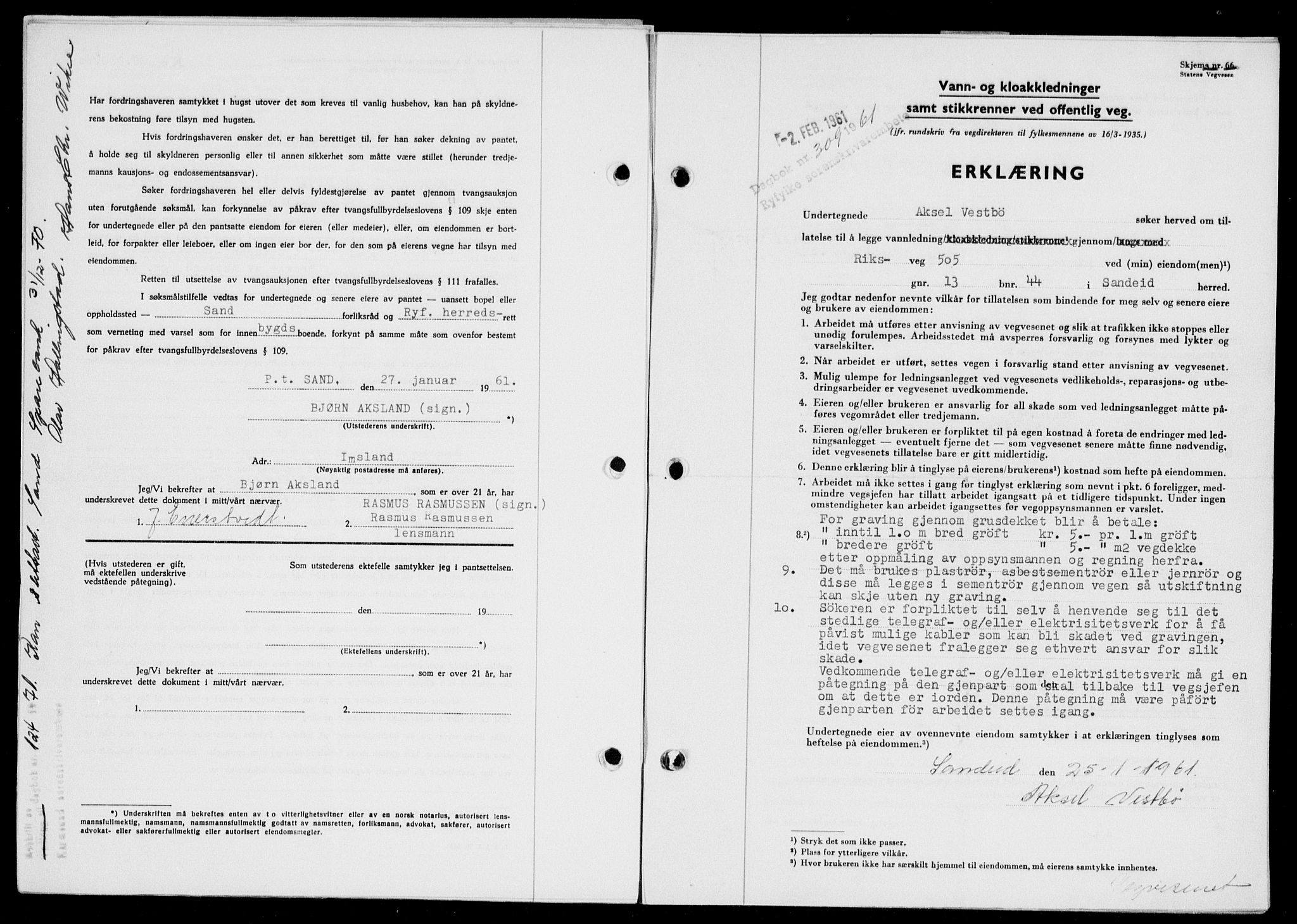 Ryfylke tingrett, SAST/A-100055/001/II/IIB: Pantebok nr. 135-142, 1961-1962, Dagboknr: 309/1961