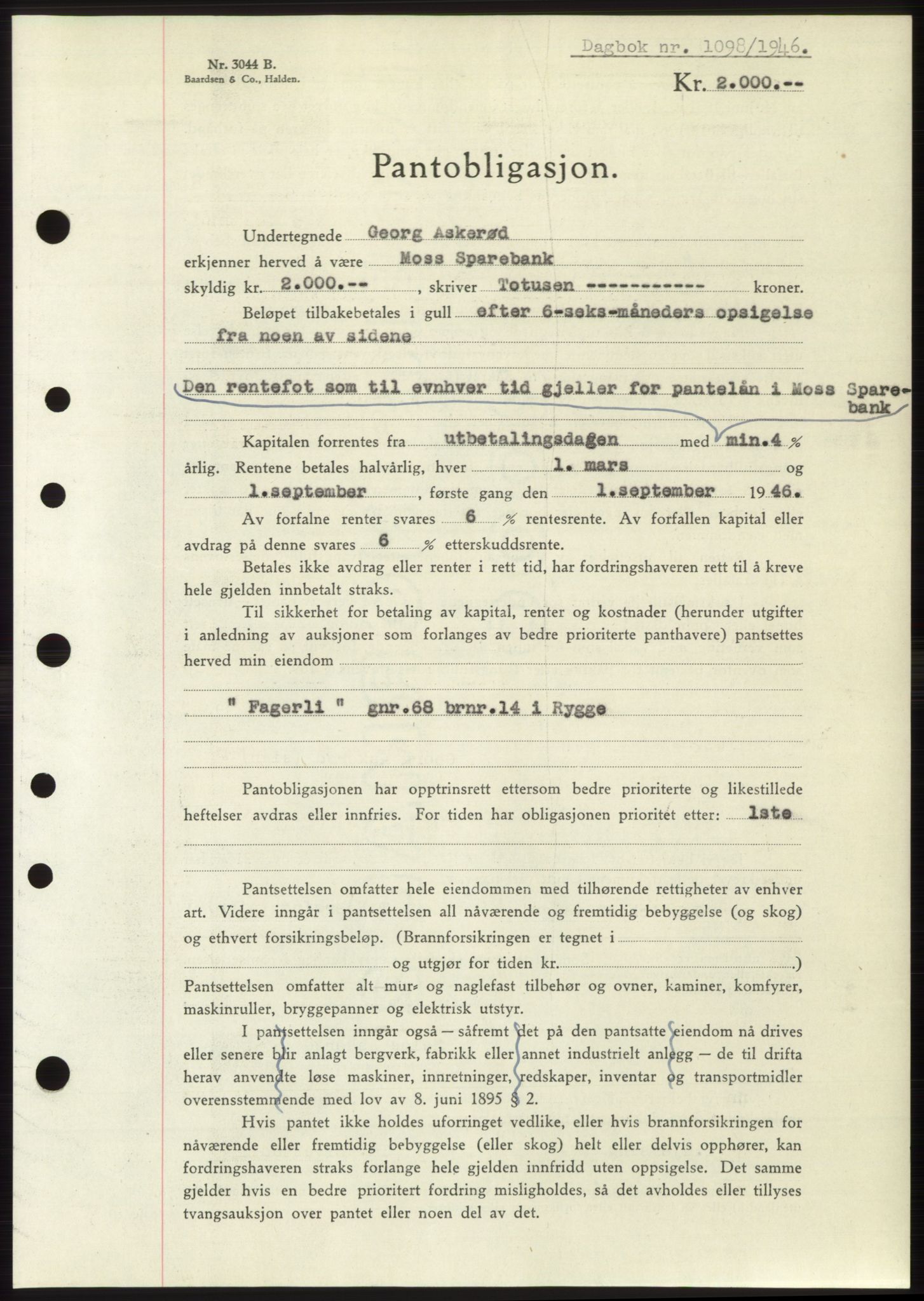 Moss sorenskriveri, SAO/A-10168: Pantebok nr. B15, 1946-1946, Dagboknr: 1098/1946