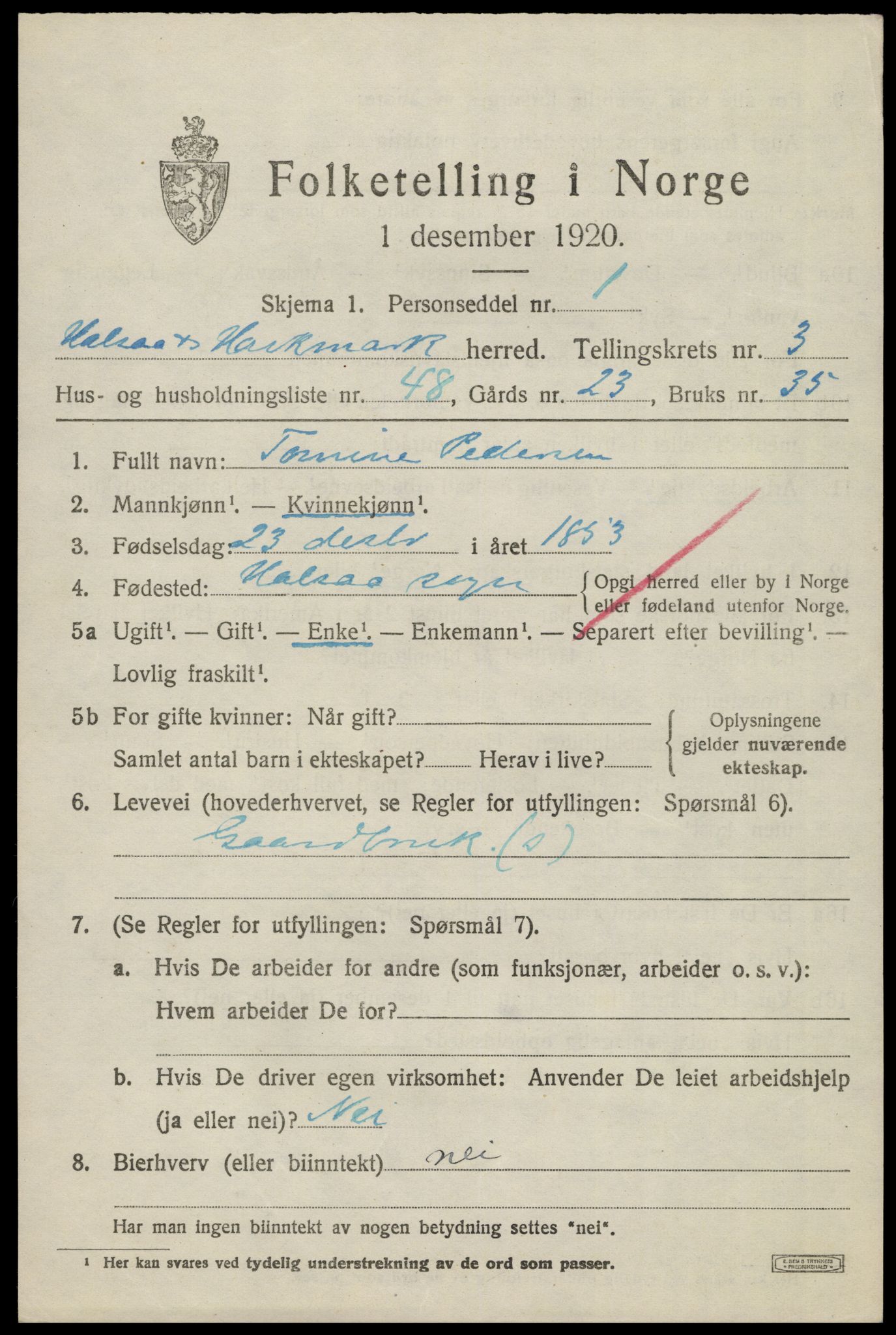 SAK, Folketelling 1920 for 1019 Halse og Harkmark herred, 1920, s. 2840