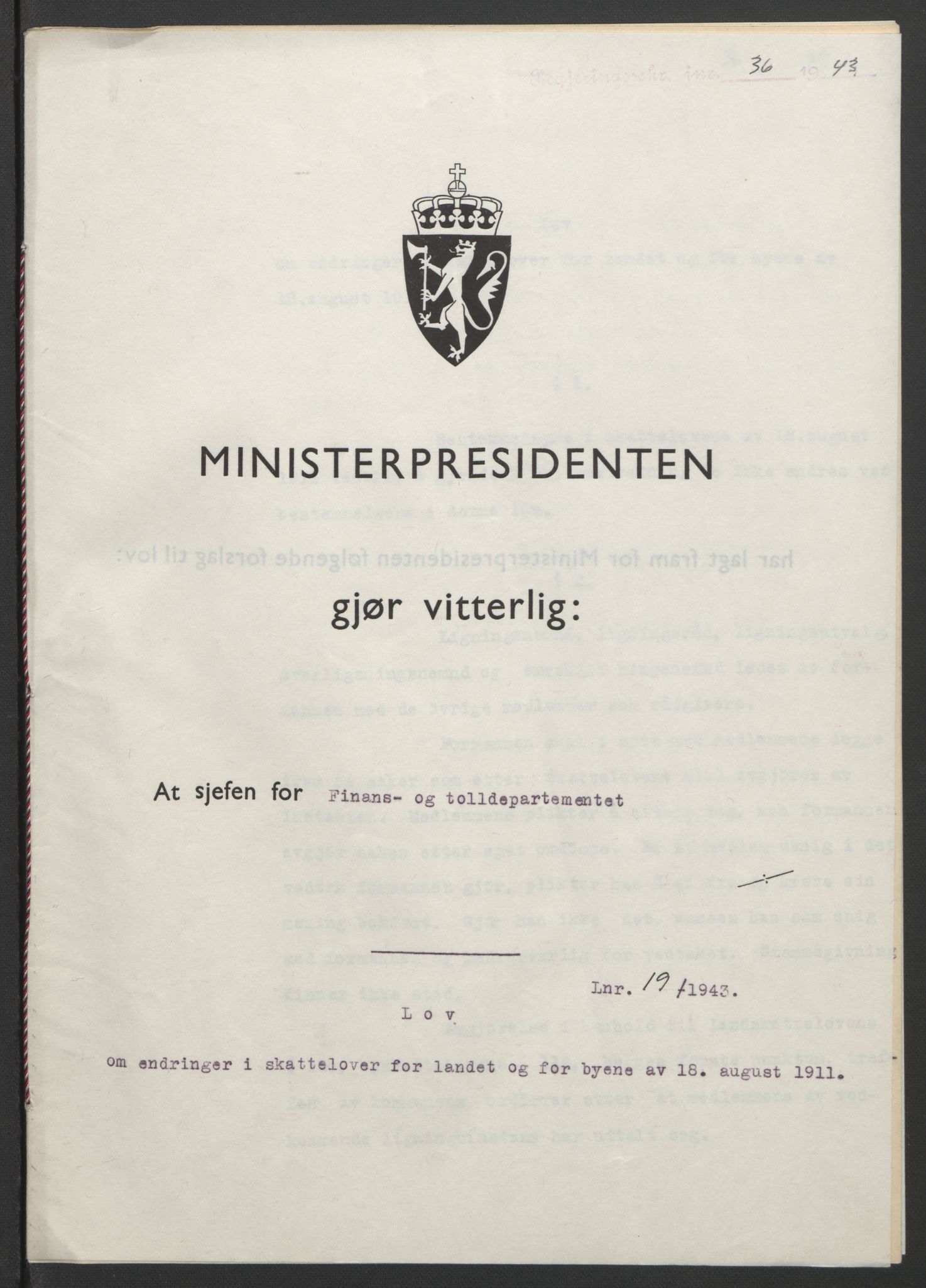 NS-administrasjonen 1940-1945 (Statsrådsekretariatet, de kommisariske statsråder mm), AV/RA-S-4279/D/Db/L0099: Lover, 1943, s. 76