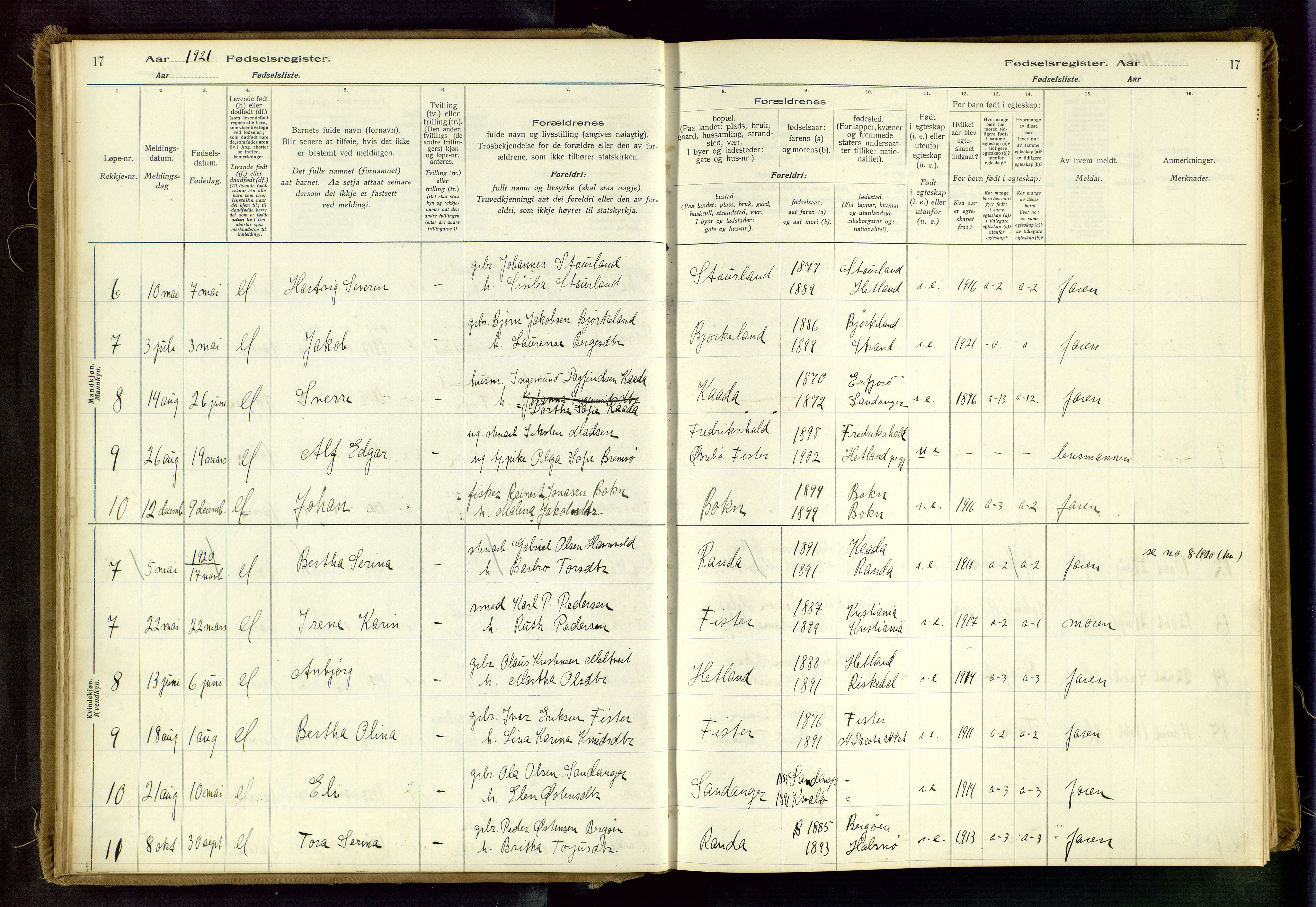 Hjelmeland sokneprestkontor, AV/SAST-A-101843/02/B/L0003: Fødselsregister nr. 3, 1916-1997, s. 17