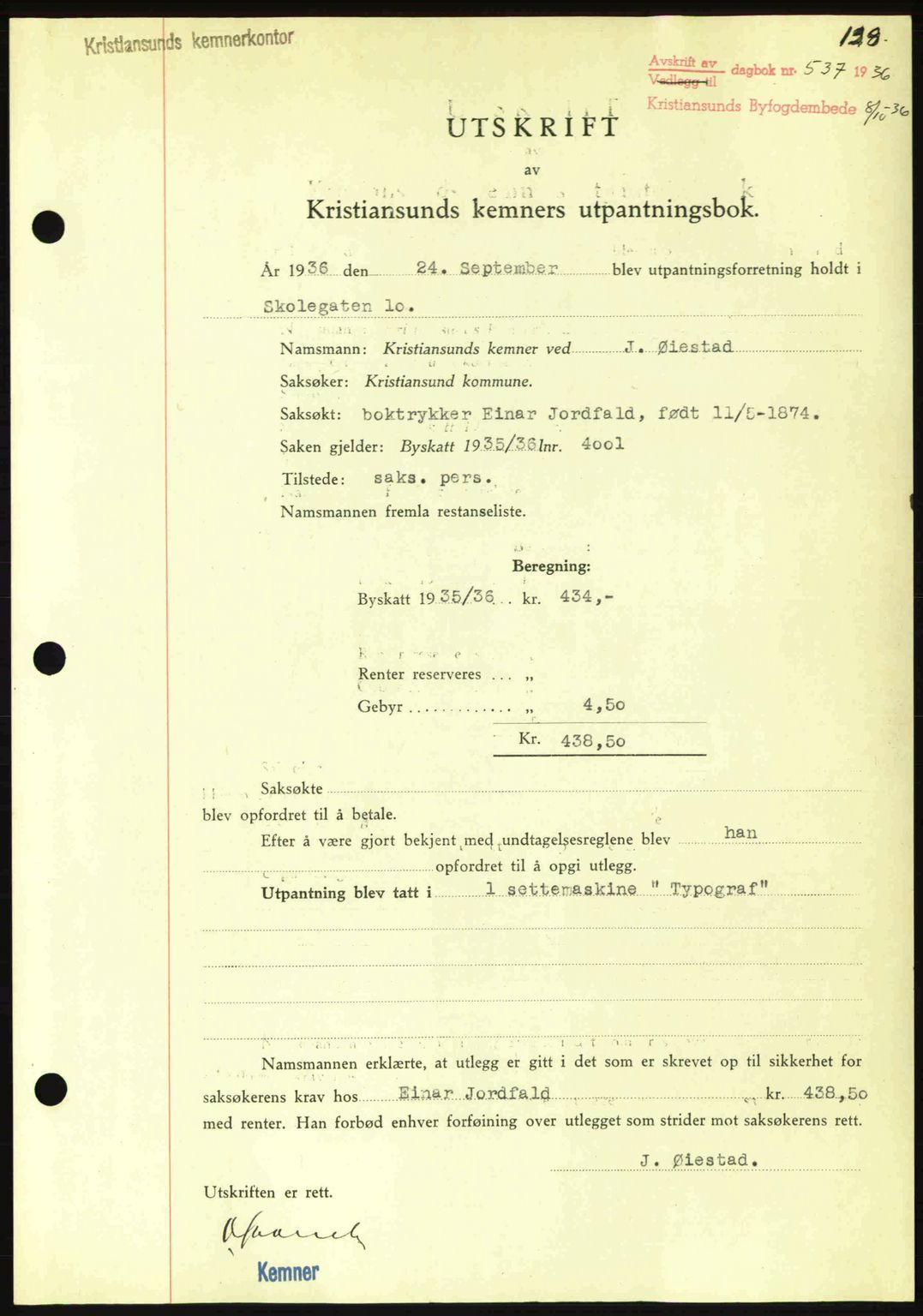 Kristiansund byfogd, AV/SAT-A-4587/A/27: Pantebok nr. 29, 1936-1937, Dagboknr: 537/1936