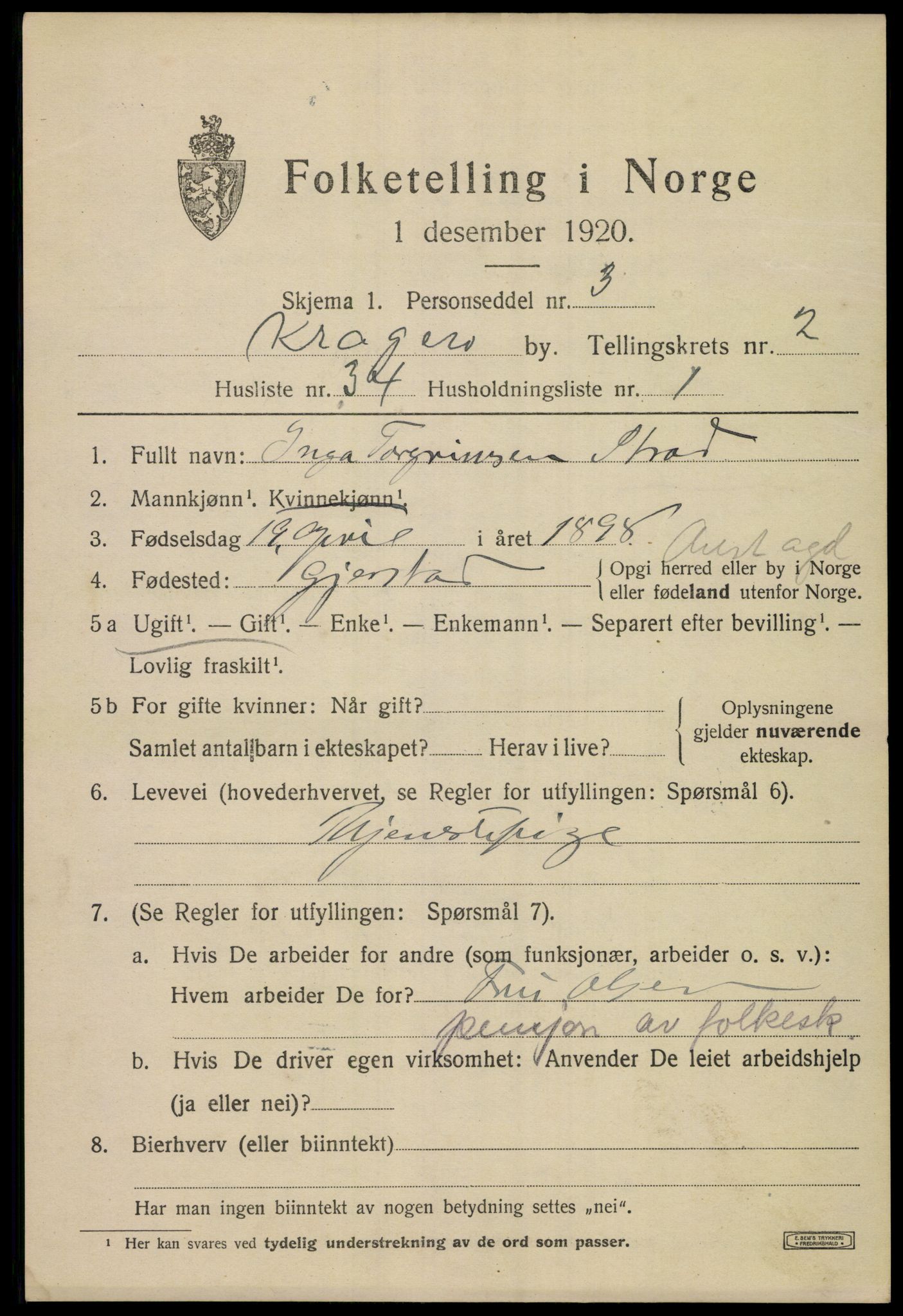 SAKO, Folketelling 1920 for 0801 Kragerø kjøpstad, 1920, s. 5759