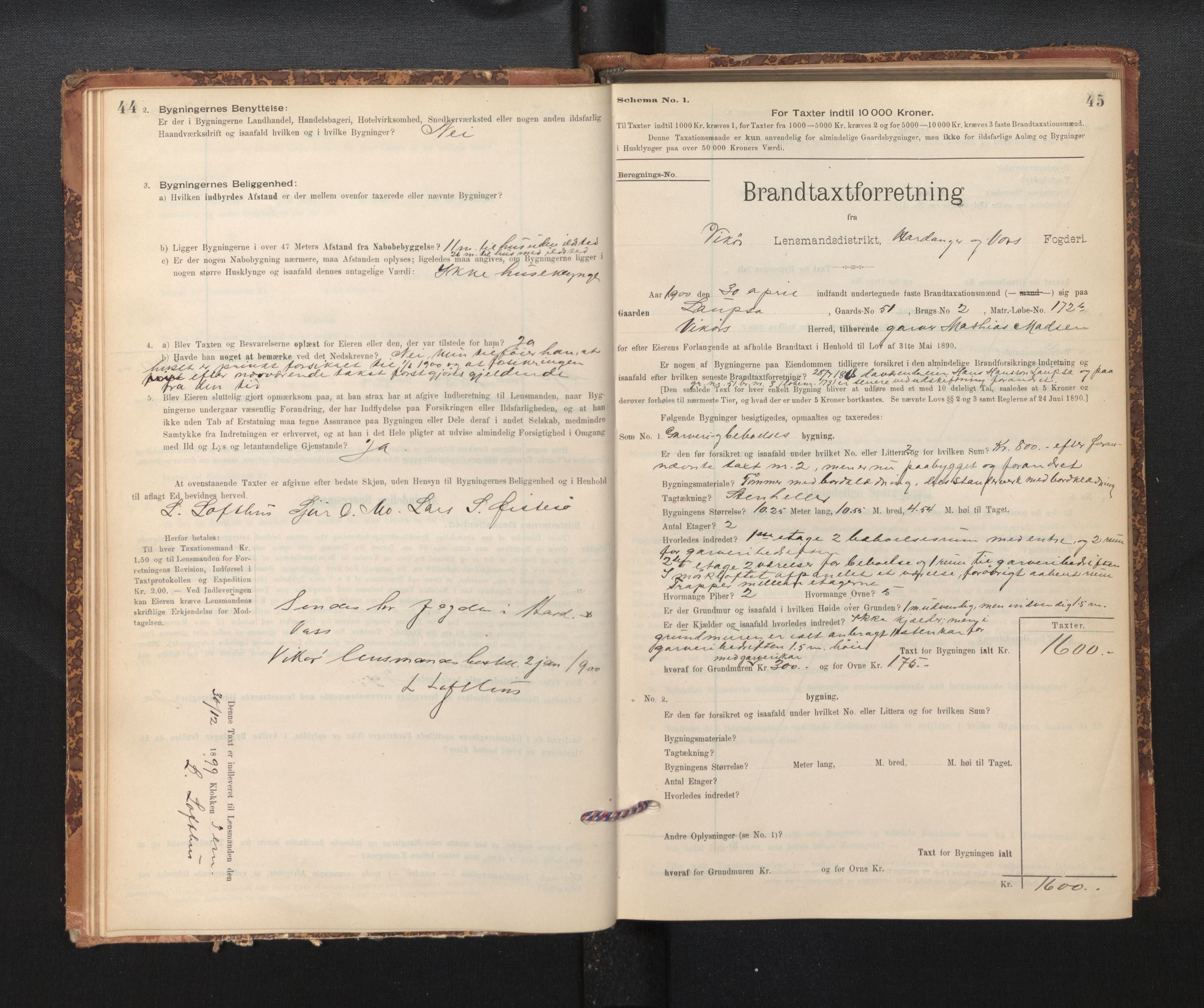 Lensmannen i Kvam, AV/SAB-A-33201/0012/L0005: Branntakstprotokoll, skjematakst, 1894-1913, s. 44-45