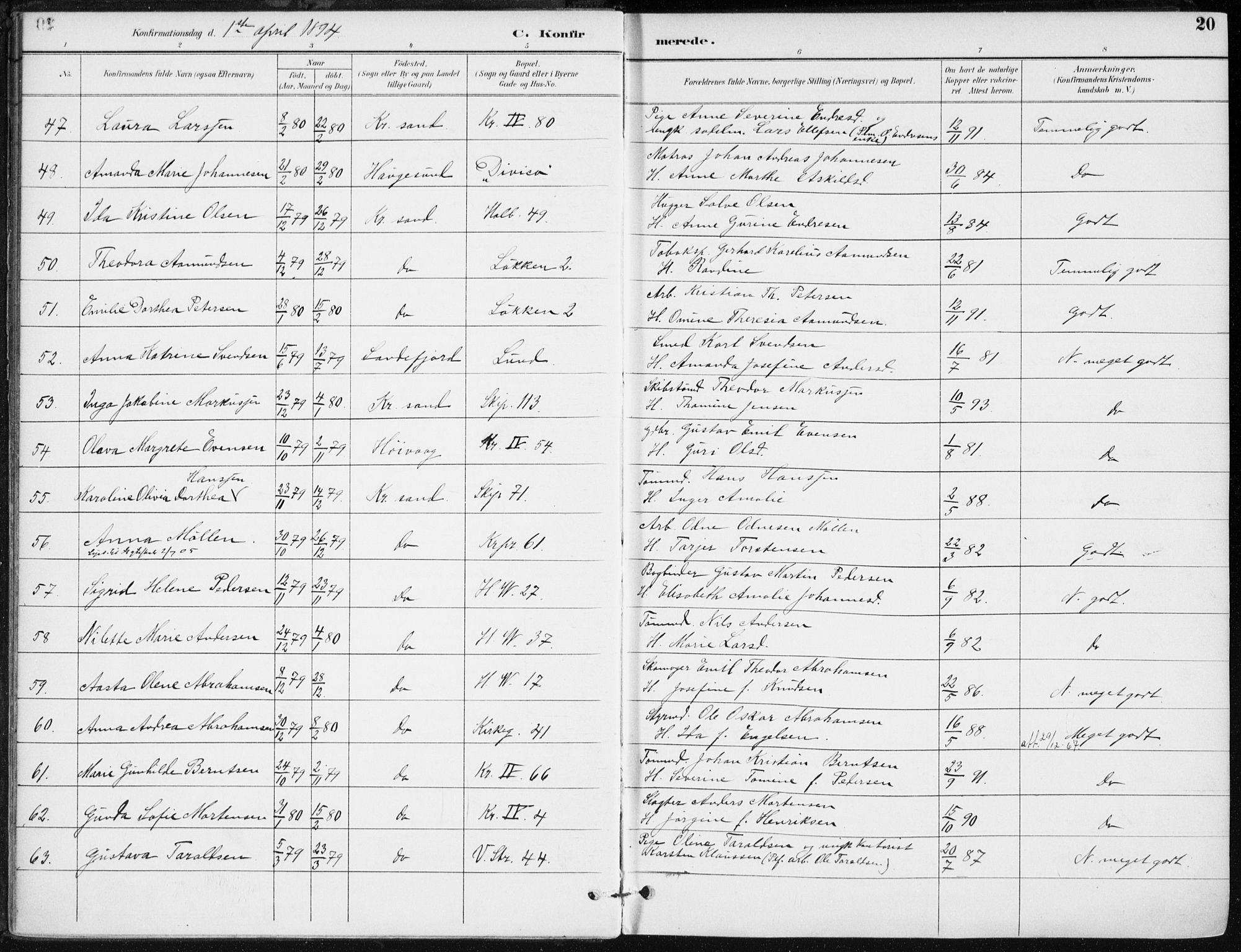 Kristiansand domprosti, AV/SAK-1112-0006/F/Fa/L0020: Ministerialbok nr. A 19, 1893-1904, s. 20