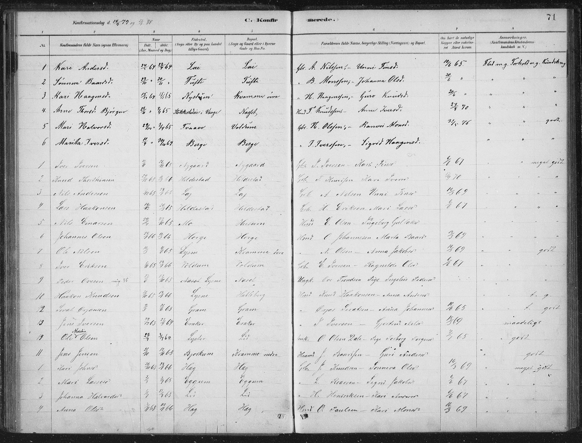 Lærdal sokneprestembete, AV/SAB-A-81201: Ministerialbok nr. C  1, 1878-1911, s. 71
