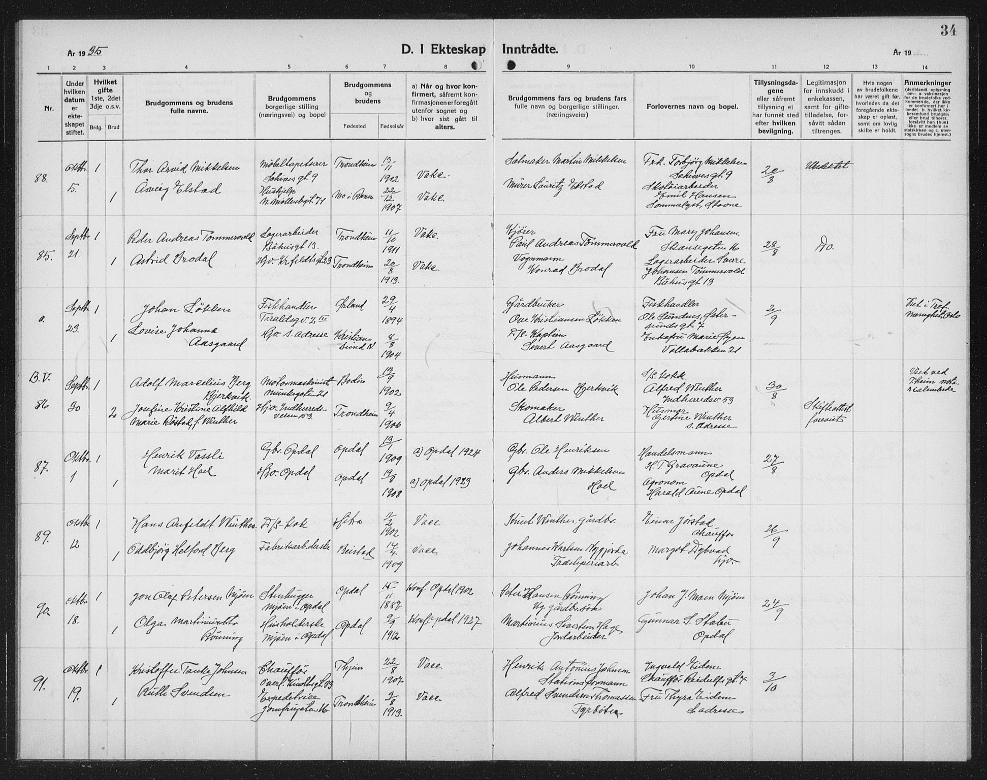 Ministerialprotokoller, klokkerbøker og fødselsregistre - Sør-Trøndelag, SAT/A-1456/602/L0152: Klokkerbok nr. 602C20, 1933-1940, s. 34