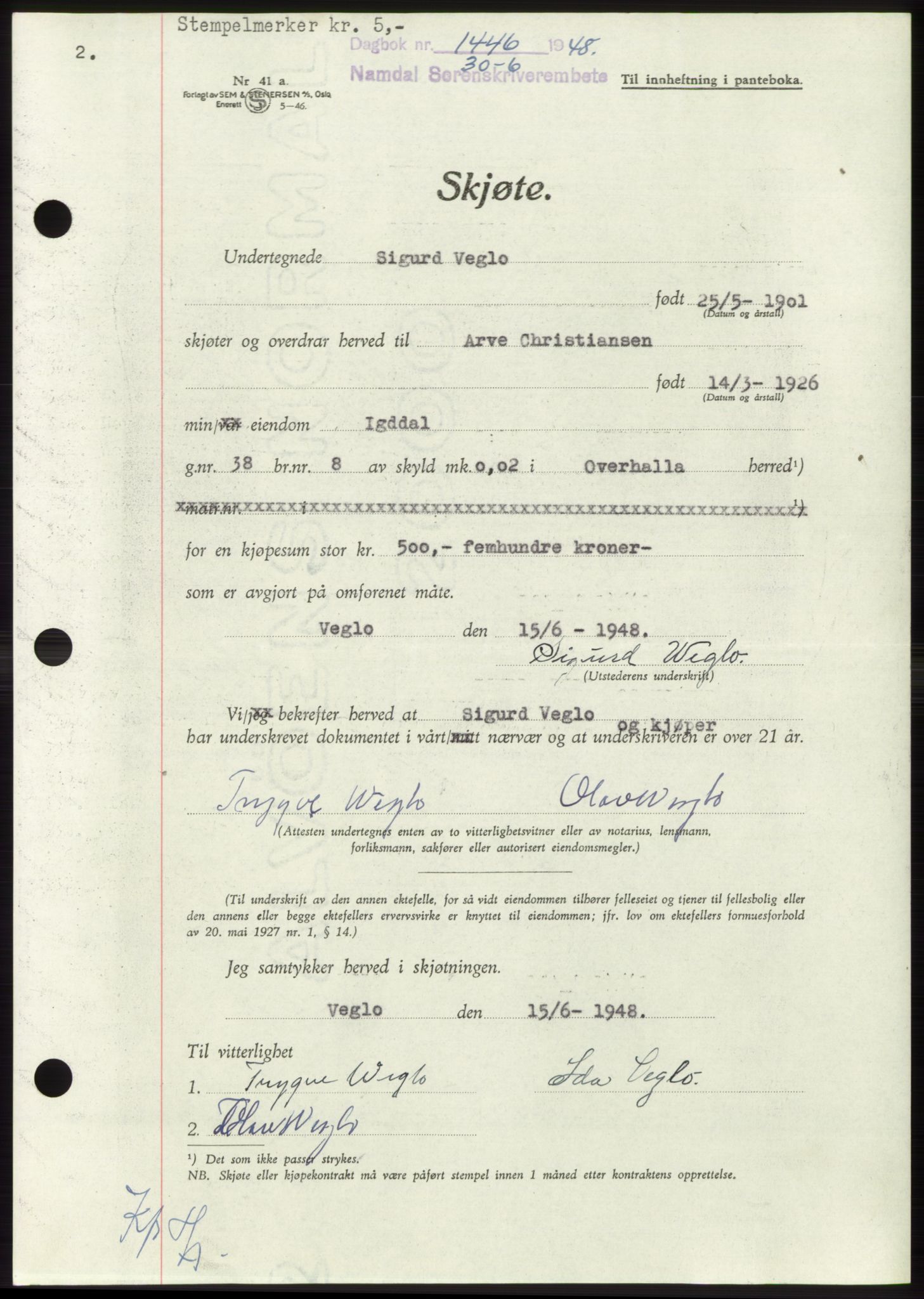 Namdal sorenskriveri, SAT/A-4133/1/2/2C: Pantebok nr. -, 1948-1948, Dagboknr: 1446/1948