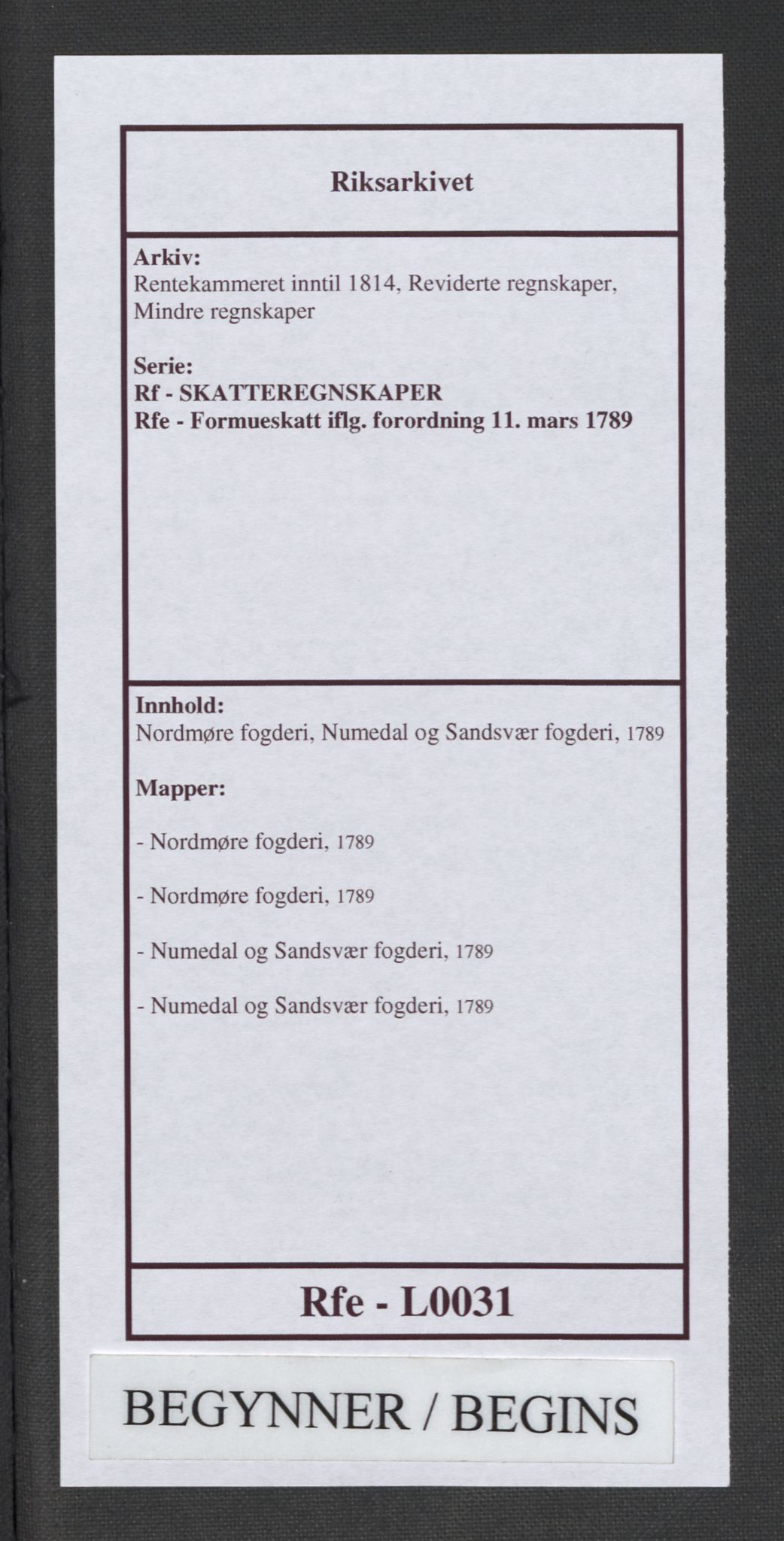 Rentekammeret inntil 1814, Reviderte regnskaper, Mindre regnskaper, RA/EA-4068/Rf/Rfe/L0031: Nordmøre fogderi, Numedal og Sandsvær fogderi, 1789, s. 1