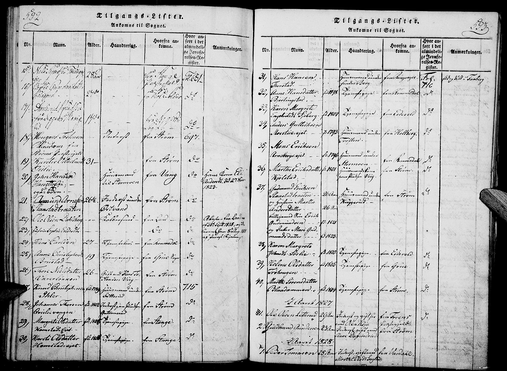 Nord-Odal prestekontor, SAH/PREST-032/H/Ha/Haa/L0001: Ministerialbok nr. 1, 1819-1838, s. 592-593