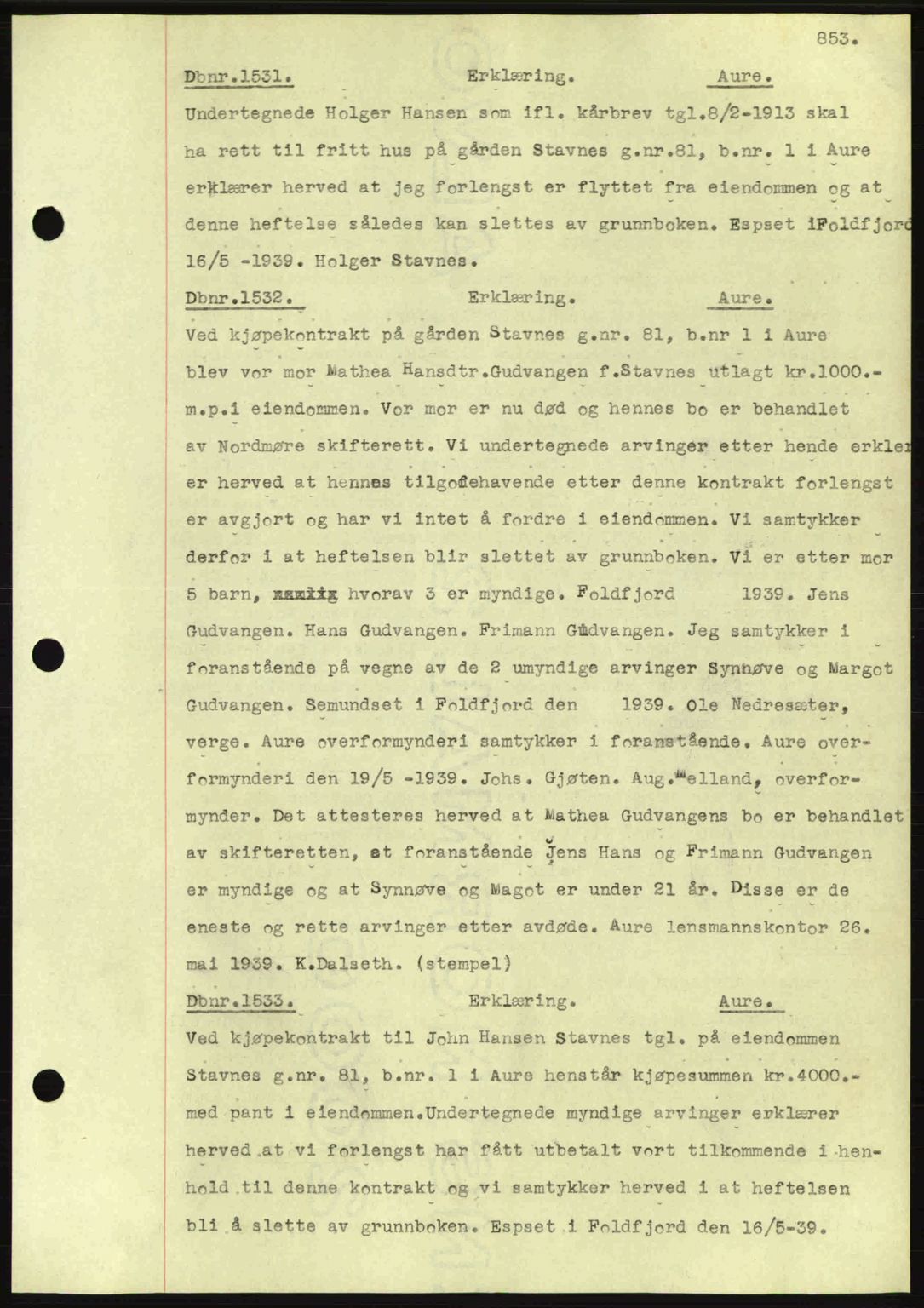 Nordmøre sorenskriveri, SAT/A-4132/1/2/2Ca: Pantebok nr. C80, 1936-1939, Dagboknr: 1531/1939
