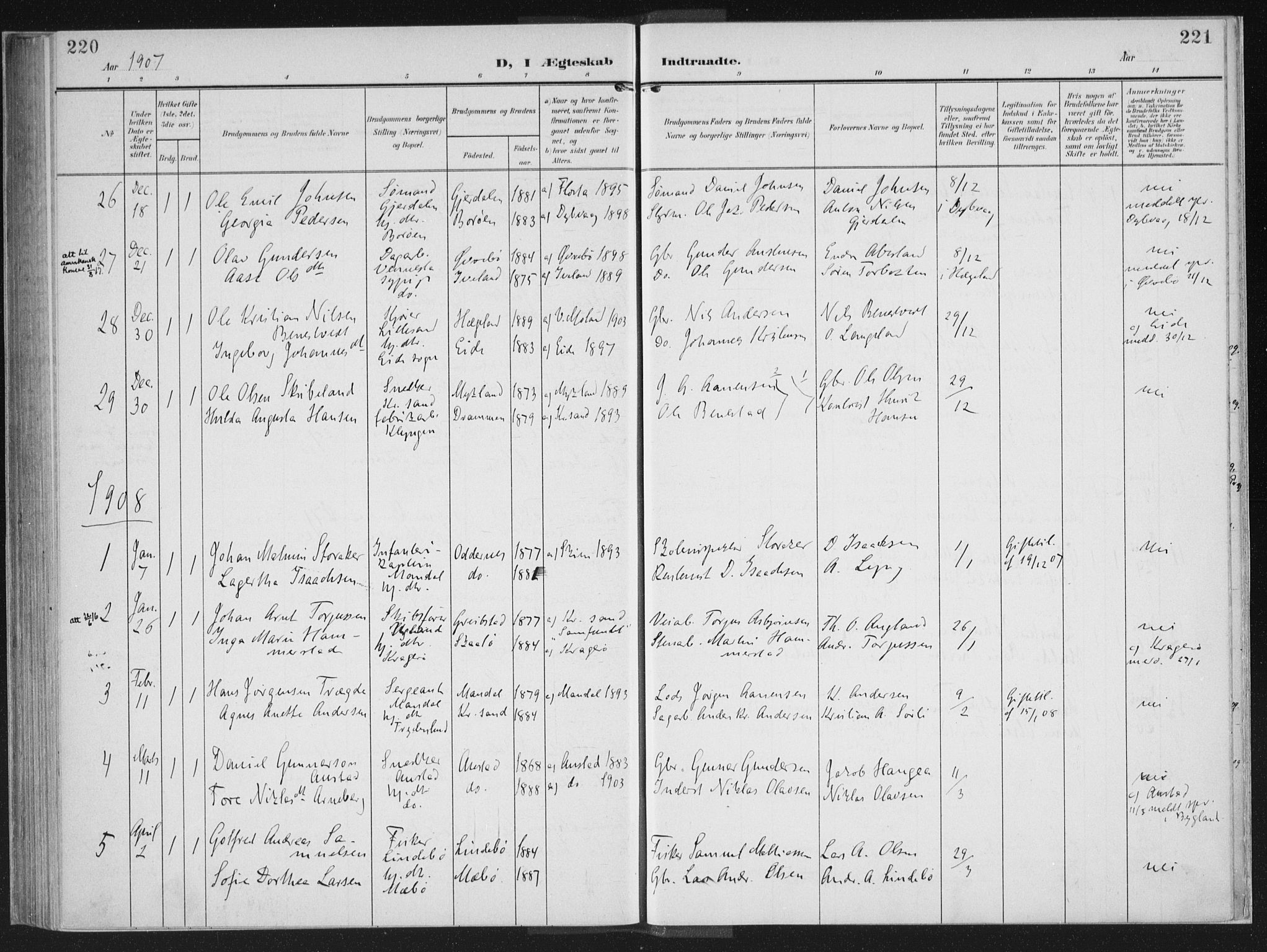 Oddernes sokneprestkontor, AV/SAK-1111-0033/F/Fa/Faa/L0011: Ministerialbok nr. A 11, 1904-1911, s. 220-221