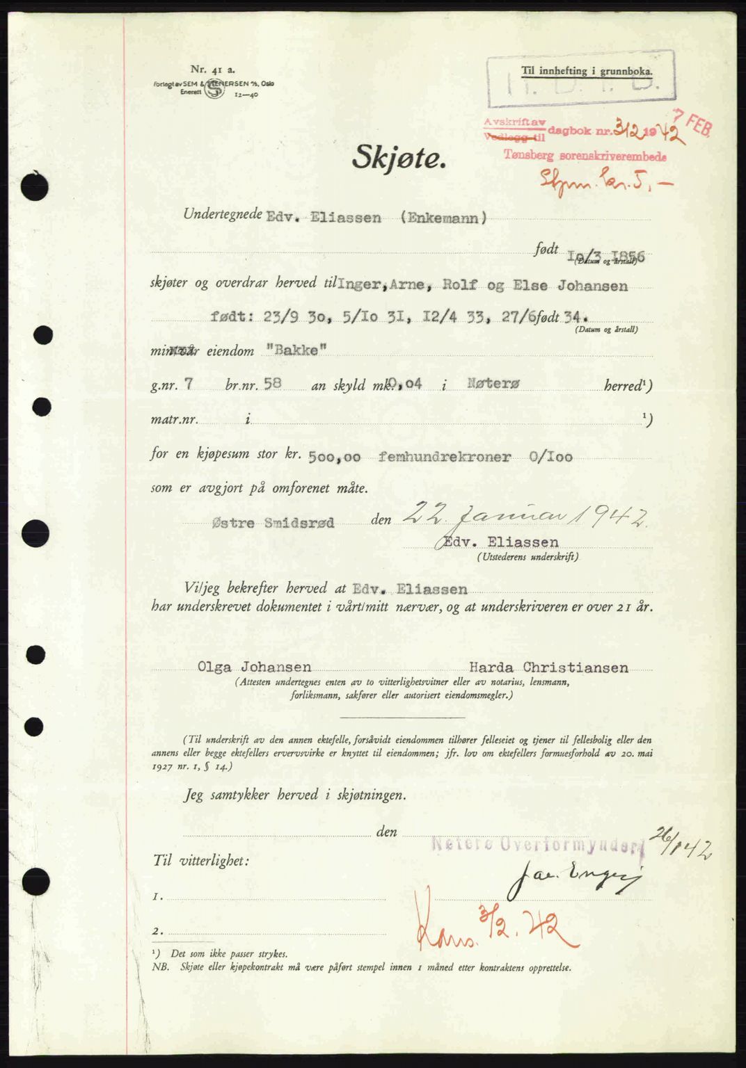 Tønsberg sorenskriveri, AV/SAKO-A-130/G/Ga/Gaa/L0011: Pantebok nr. A11, 1941-1942, Dagboknr: 312/1942