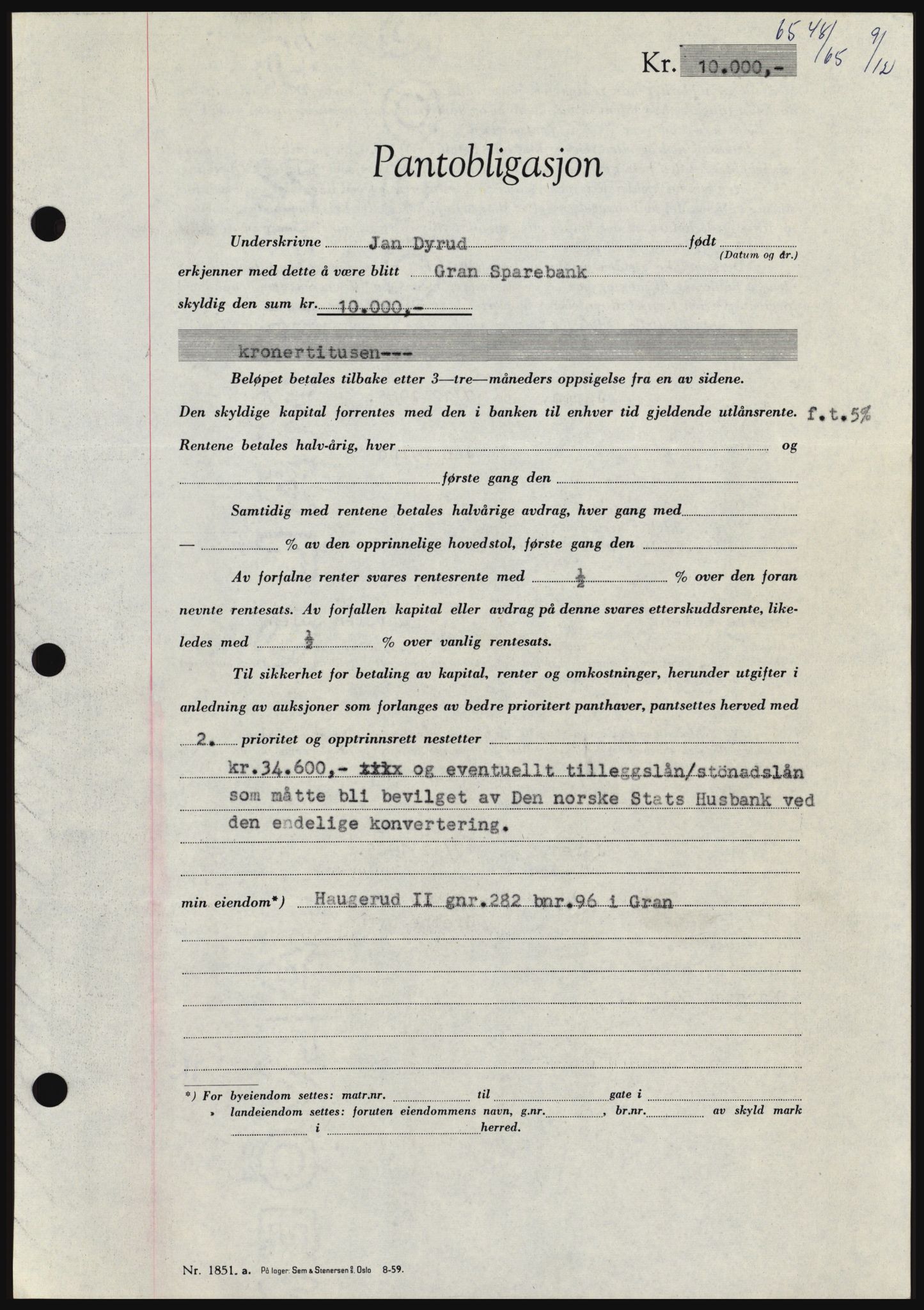 Hadeland og Land tingrett, SAH/TING-010/H/Hb/Hbc/L0061: Pantebok nr. B61, 1965-1966, Dagboknr: 6548/1965