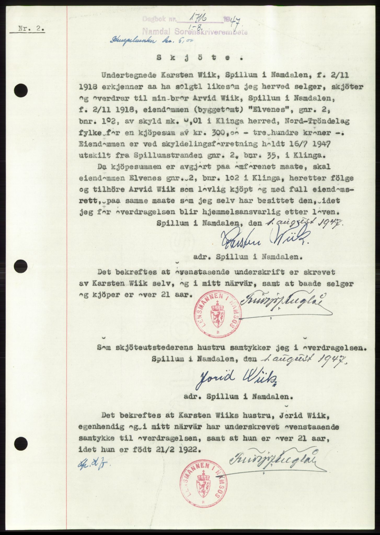 Namdal sorenskriveri, SAT/A-4133/1/2/2C: Pantebok nr. -, 1947-1947, Dagboknr: 1716/1947
