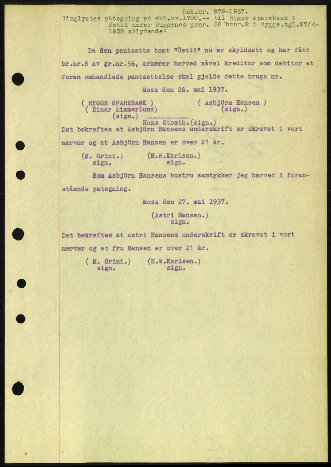 Moss sorenskriveri, SAO/A-10168: Pantebok nr. B3, 1937-1937, Dagboknr: 879/1937