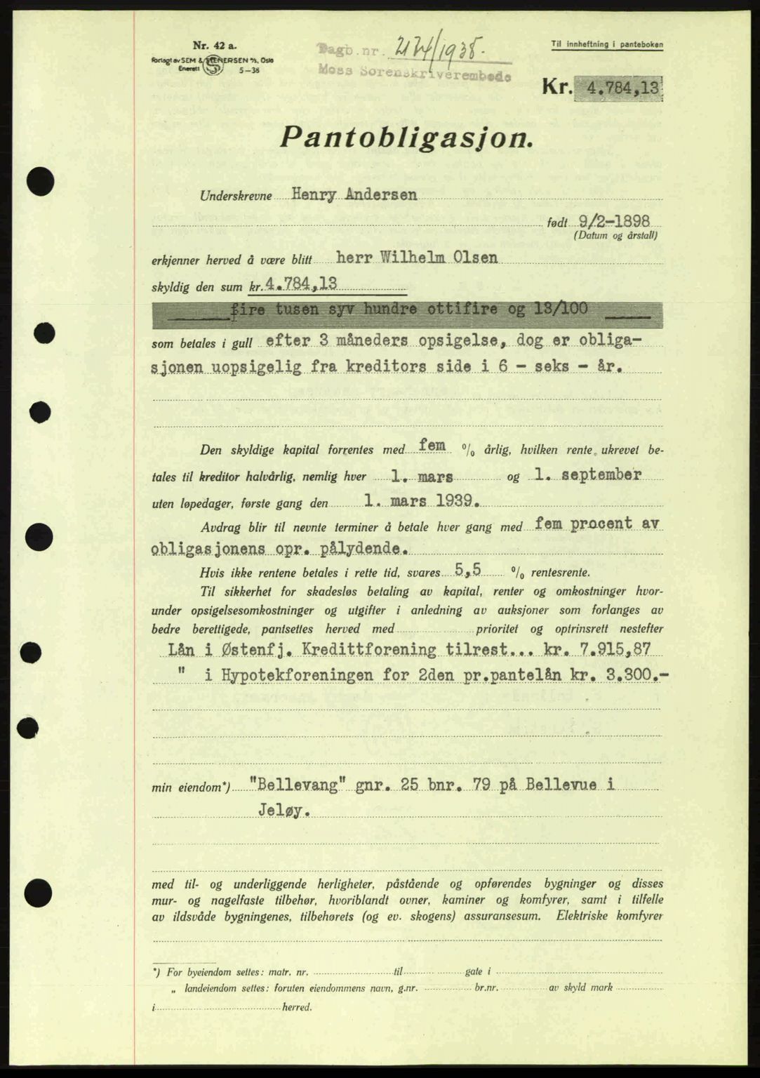 Moss sorenskriveri, SAO/A-10168: Pantebok nr. B6, 1938-1938, Dagboknr: 2174/1938