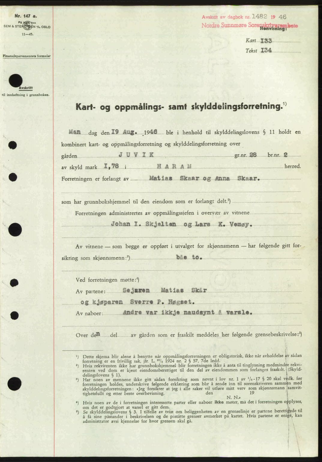 Nordre Sunnmøre sorenskriveri, SAT/A-0006/1/2/2C/2Ca: Pantebok nr. A22, 1946-1946, Dagboknr: 1482/1946