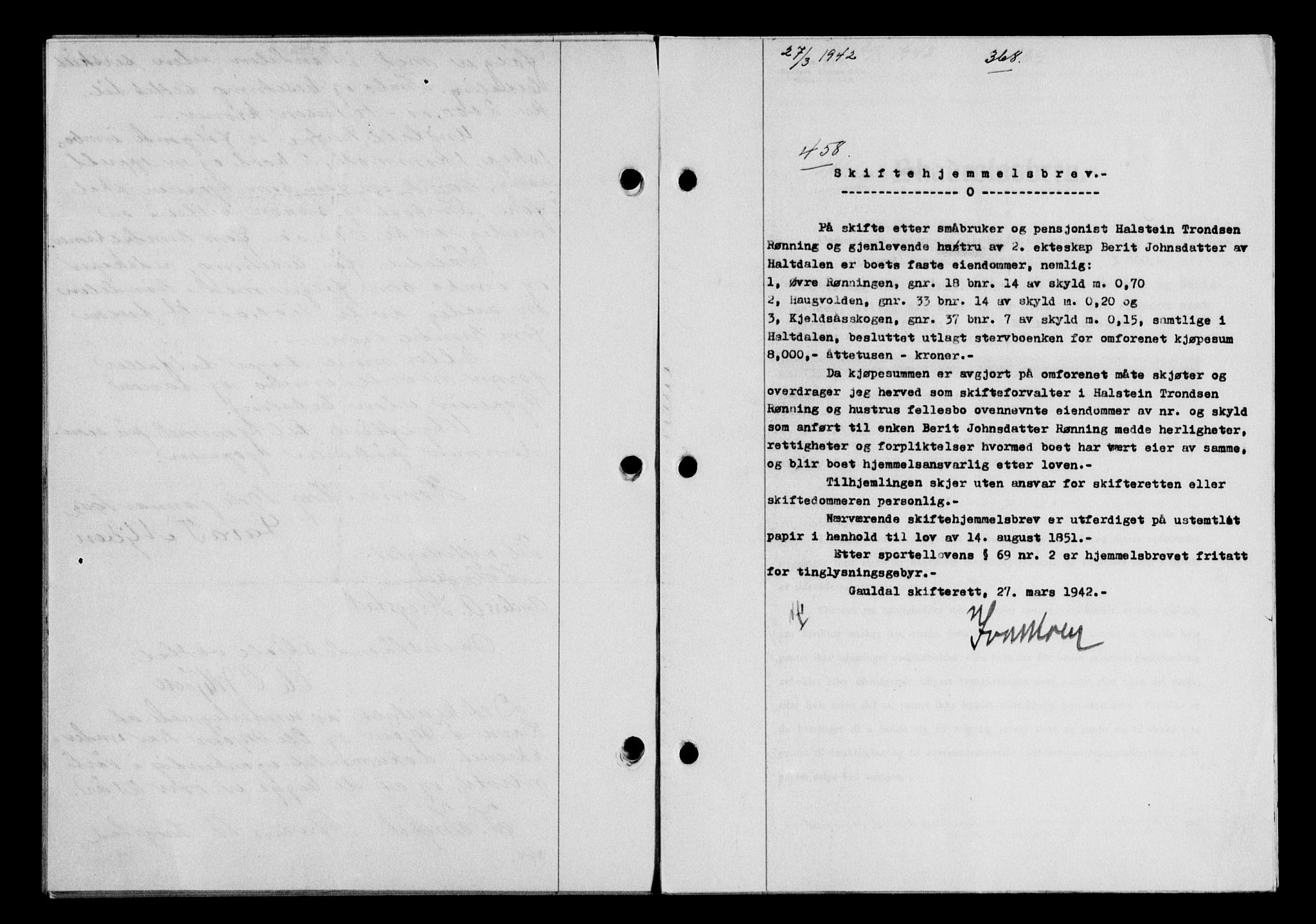 Gauldal sorenskriveri, SAT/A-0014/1/2/2C/L0054: Pantebok nr. 59, 1941-1942, Dagboknr: 458/1942