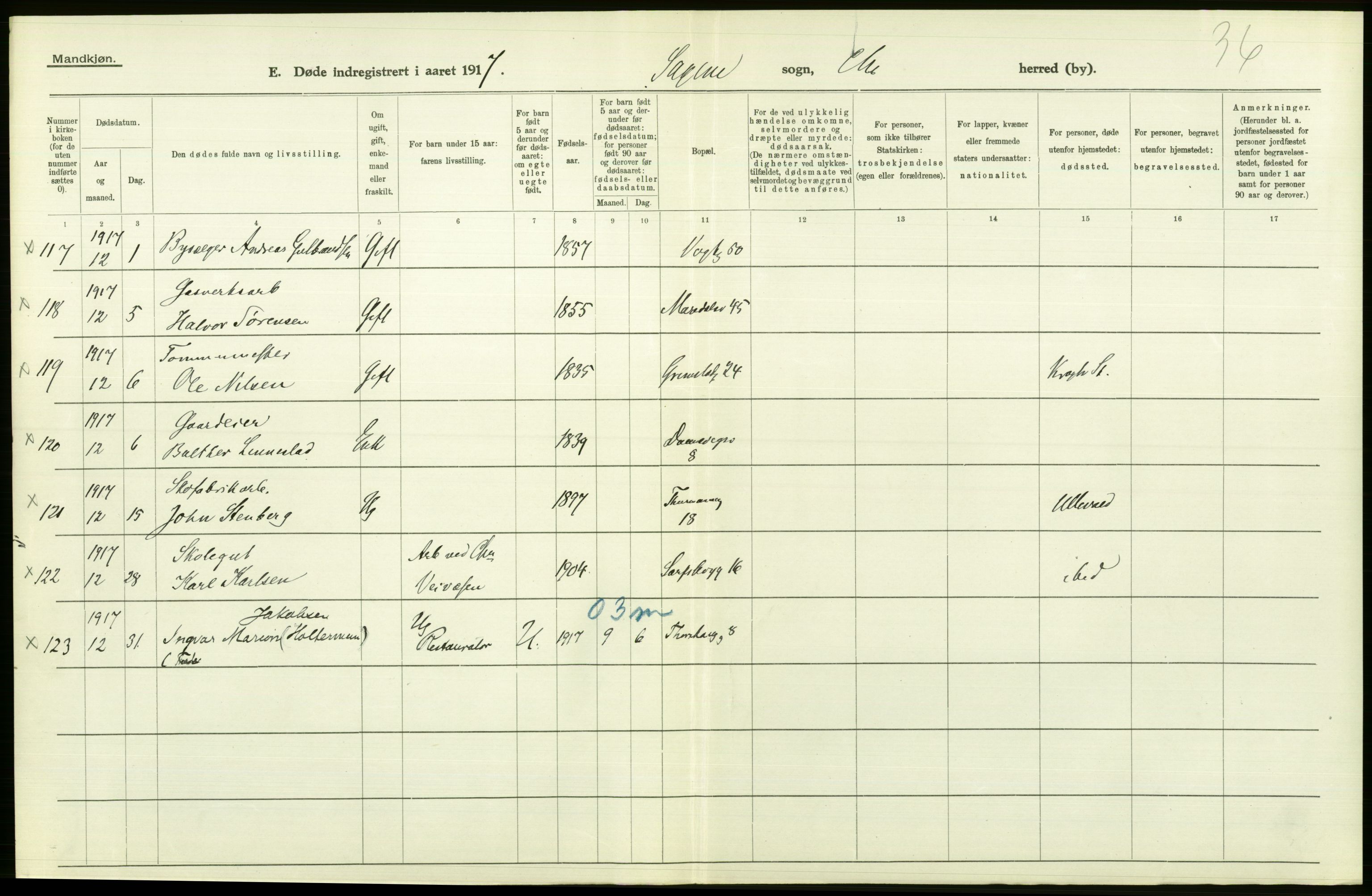 Statistisk sentralbyrå, Sosiodemografiske emner, Befolkning, AV/RA-S-2228/D/Df/Dfb/Dfbg/L0010: Kristiania: Døde, 1917, s. 598