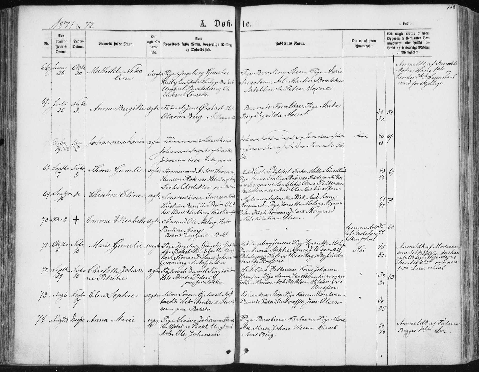 Ministerialprotokoller, klokkerbøker og fødselsregistre - Sør-Trøndelag, SAT/A-1456/604/L0186: Ministerialbok nr. 604A07, 1866-1877, s. 168