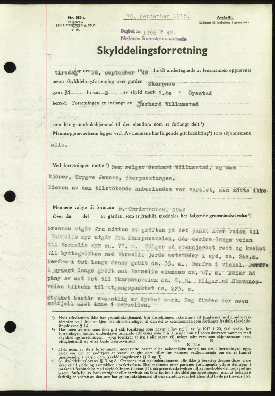 Nedenes sorenskriveri, SAK/1221-0006/G/Gb/Gba/L0059: Pantebok nr. A11, 1948-1948, Dagboknr: 1368/1948