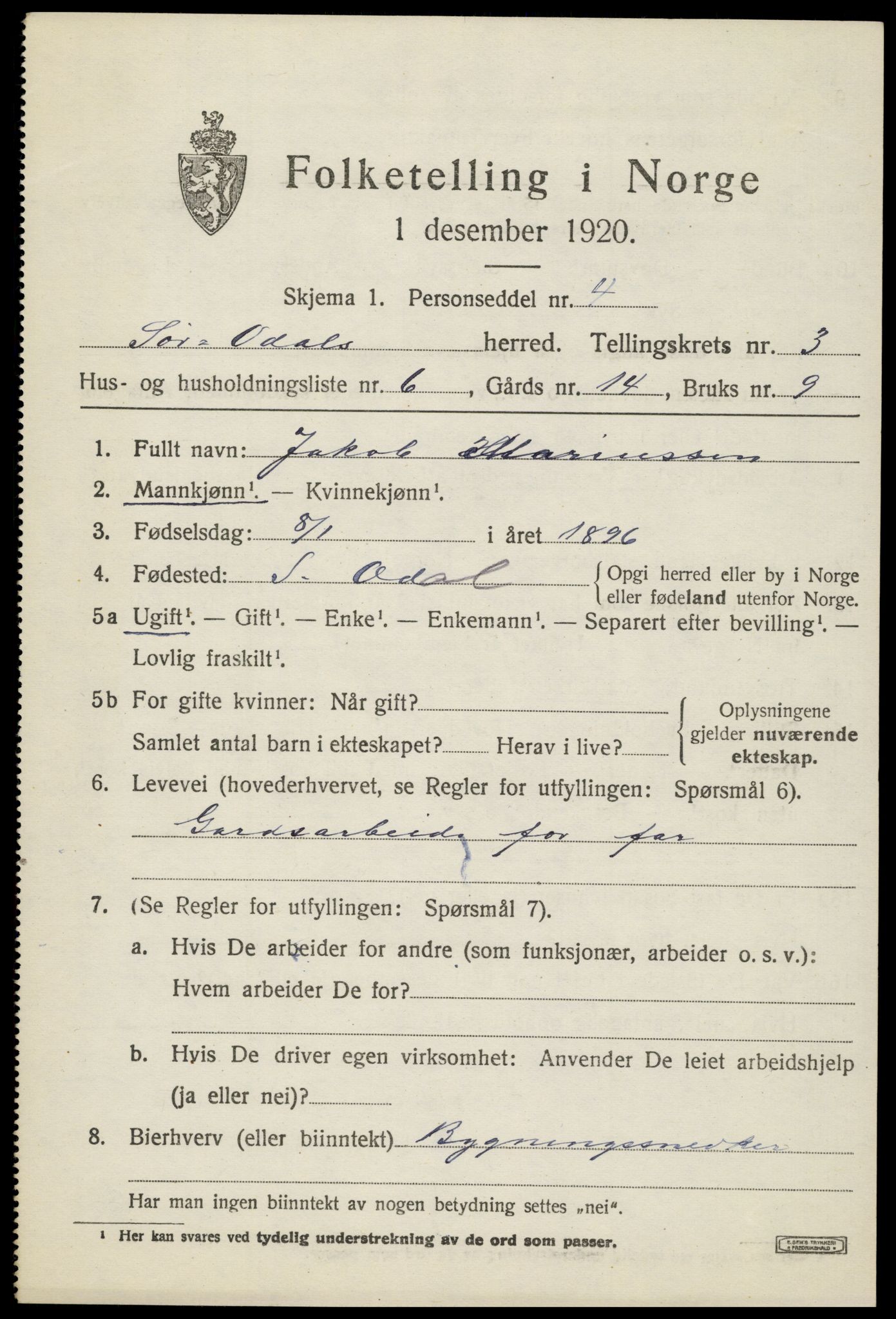 SAH, Folketelling 1920 for 0419 Sør-Odal herred, 1920, s. 4309