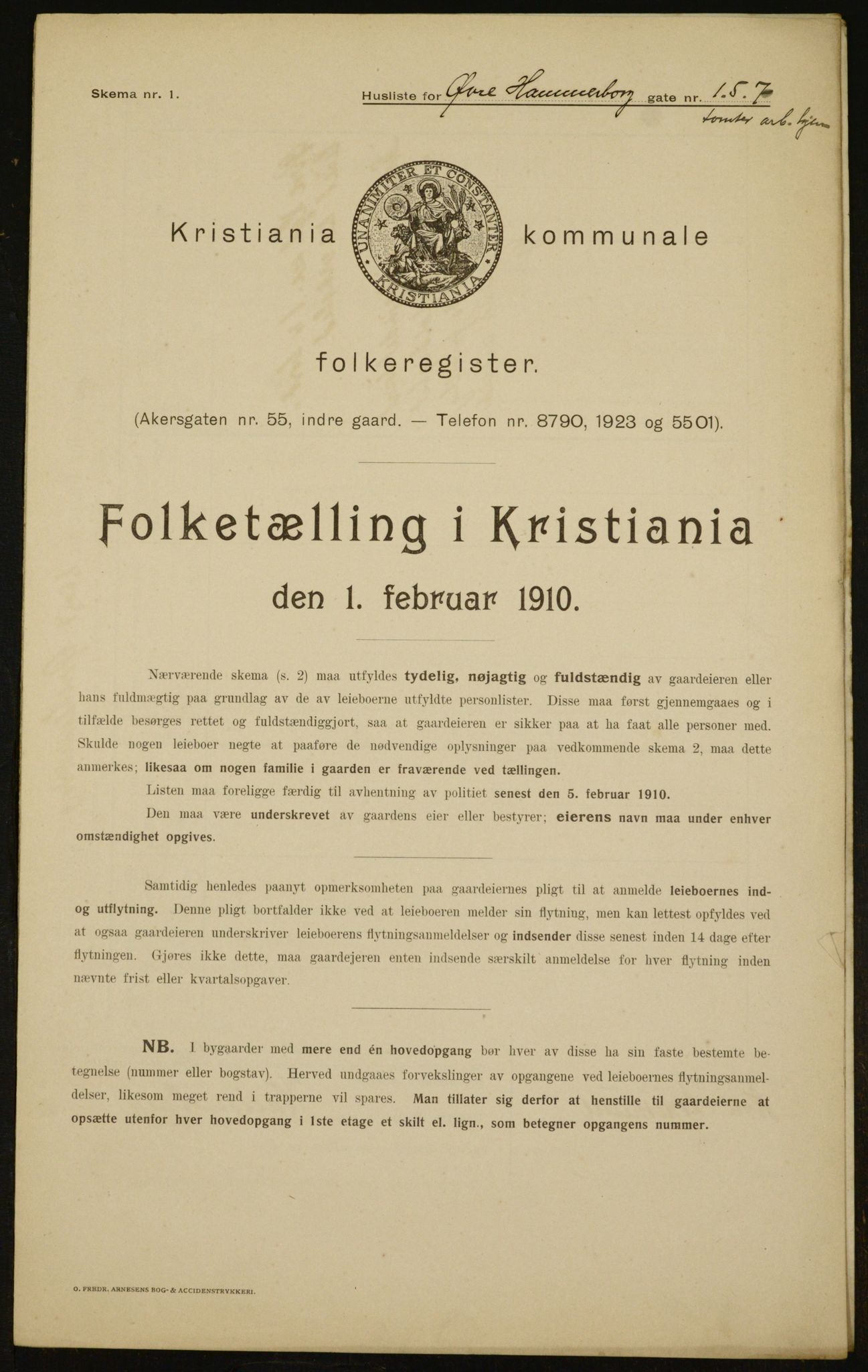 OBA, Kommunal folketelling 1.2.1910 for Kristiania, 1910, s. 123102