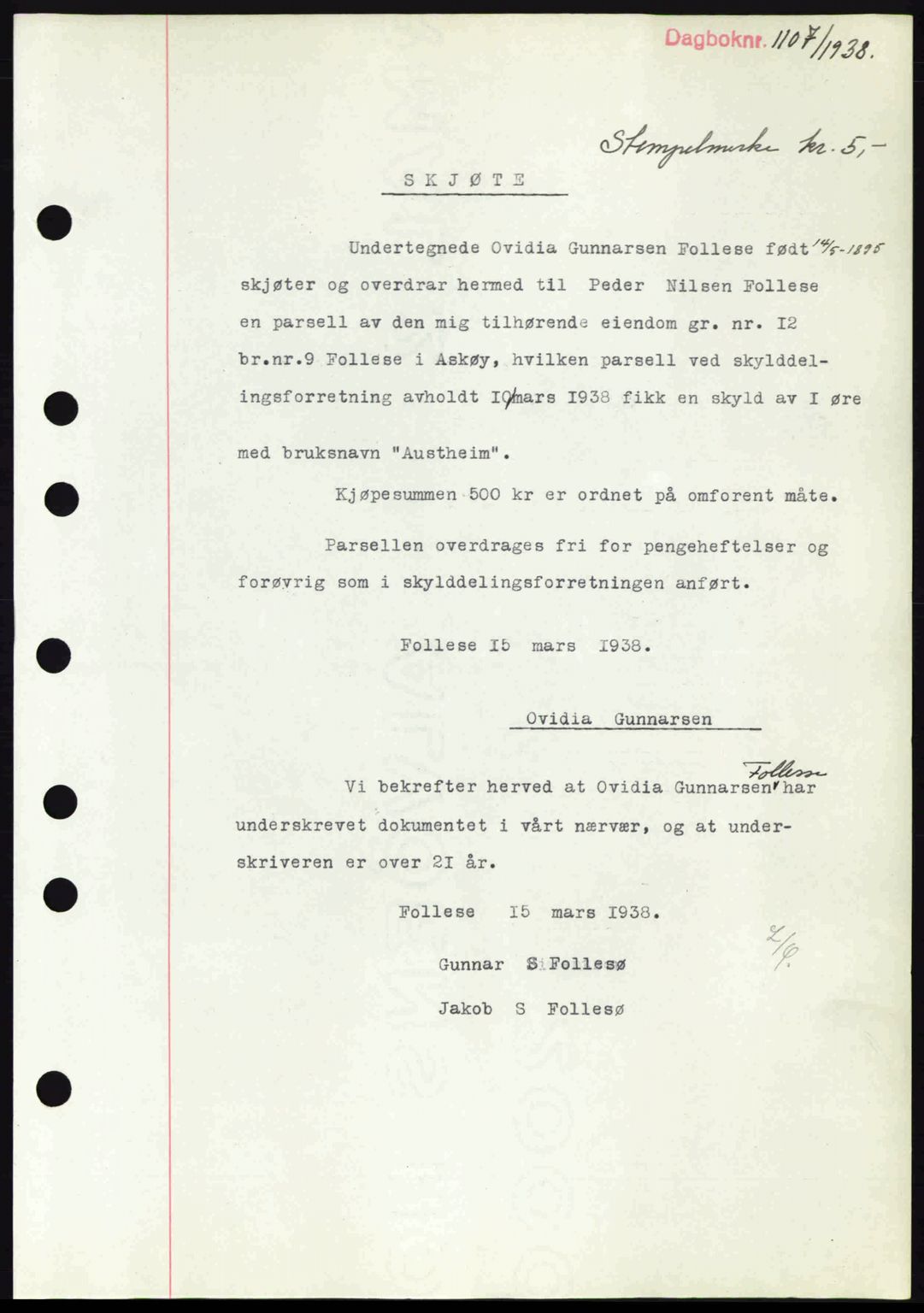 Midhordland sorenskriveri, SAB/A-3001/1/G/Gb/Gbh/L0005: Pantebok nr. A9-10, 1938-1938, Dagboknr: 1107/1938