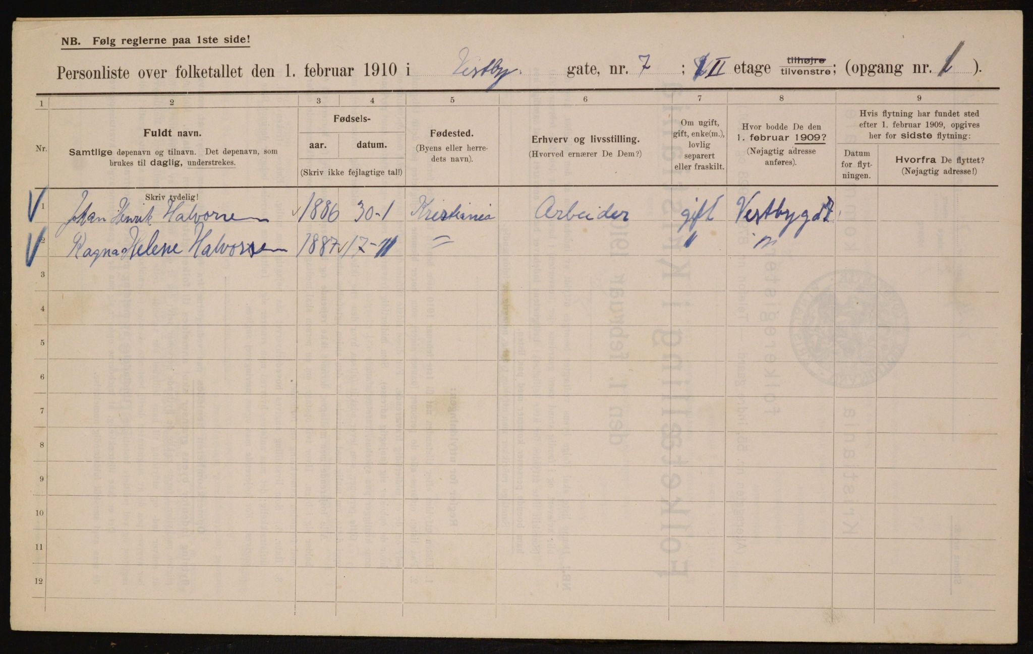 OBA, Kommunal folketelling 1.2.1910 for Kristiania, 1910, s. 115992