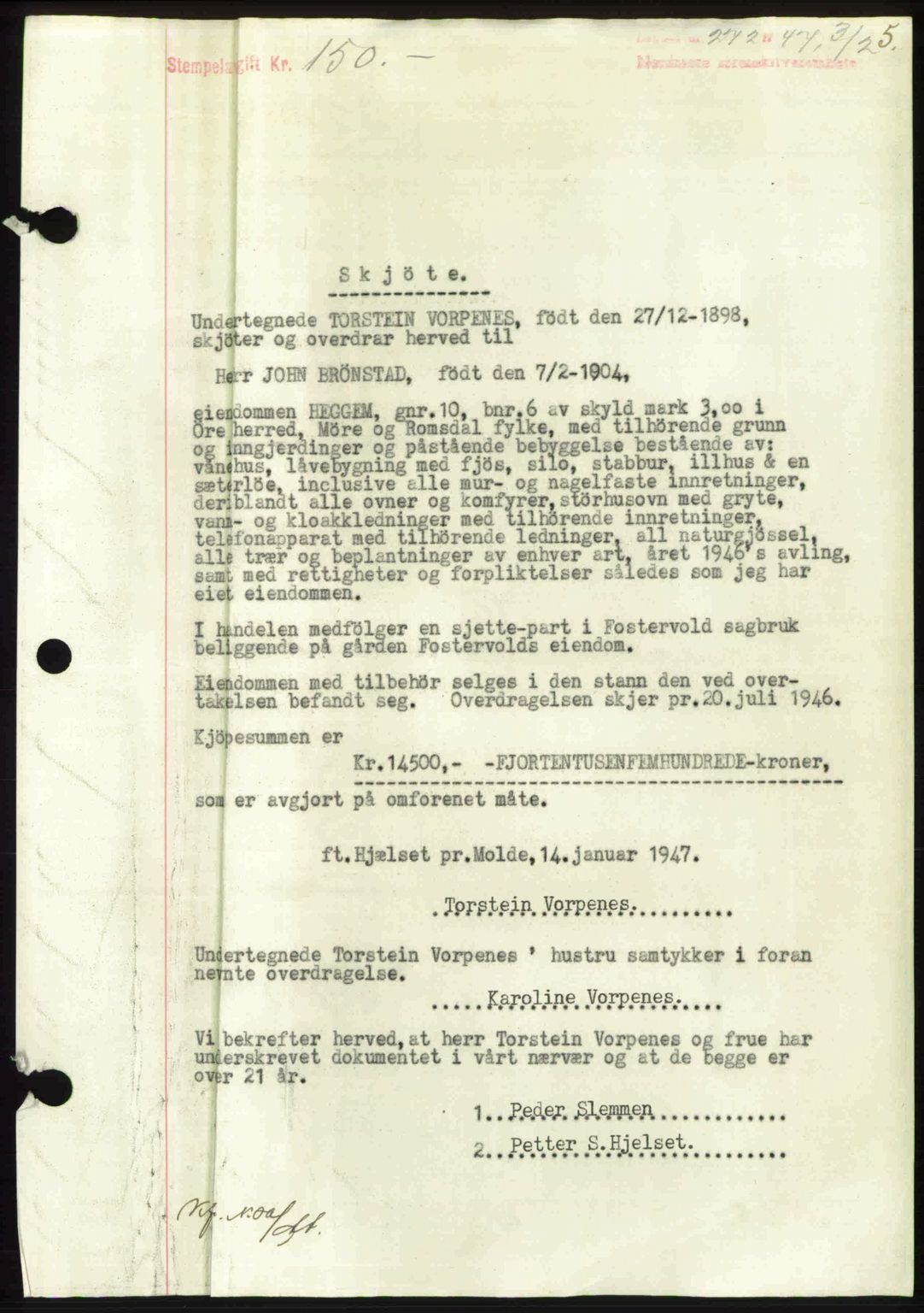 Nordmøre sorenskriveri, SAT/A-4132/1/2/2Ca: Pantebok nr. A104, 1947-1947, Dagboknr: 272/1947