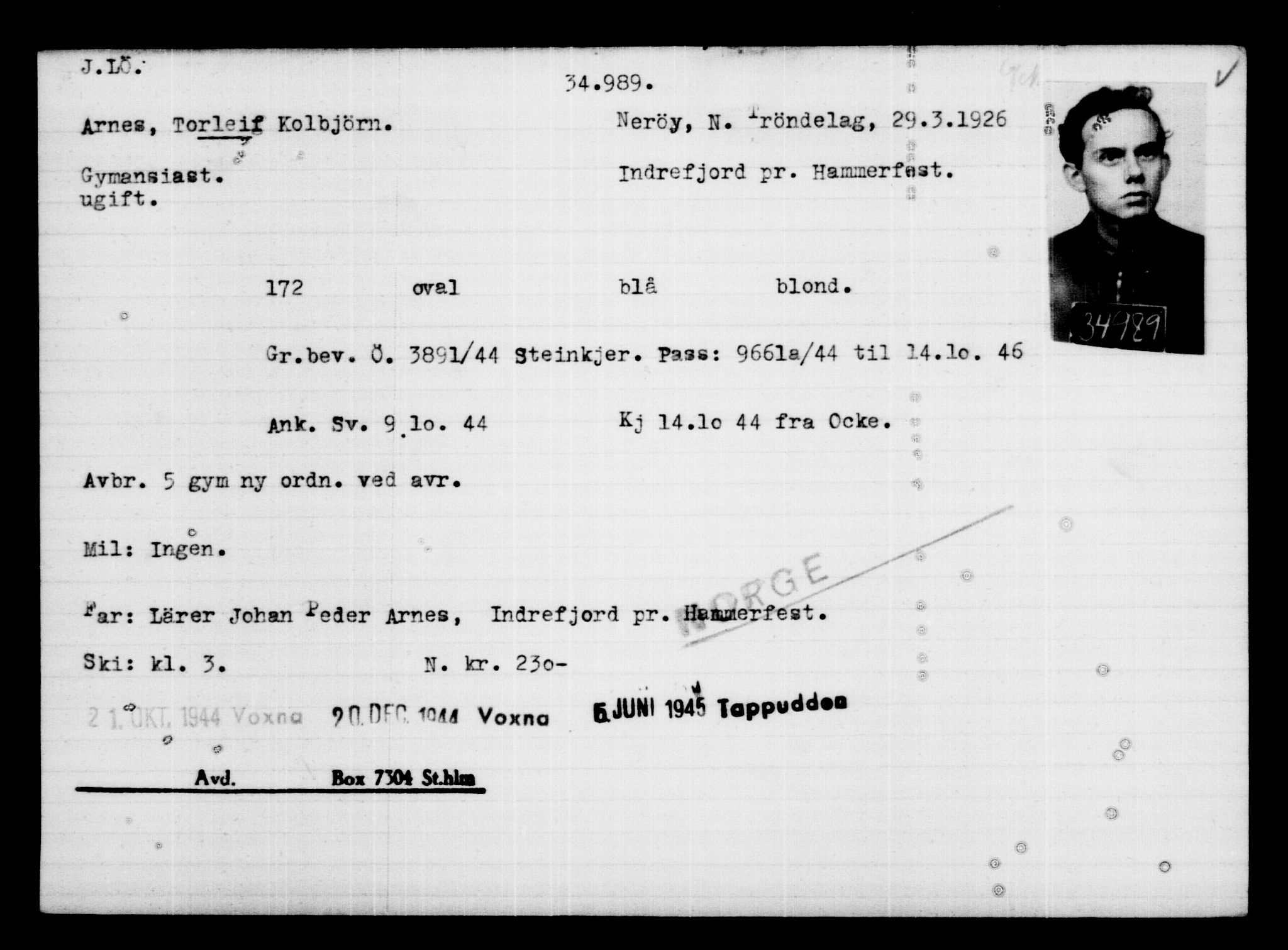 Utenriksstasjonene, Legasjonen i Stockholm, Flyktningkontoret, AV/RA-S-6753/V/Va/L0014: Kjesäterkartoteket, flyktninger med registreringsnr. 34700-37855, 1940-1945, s. 305