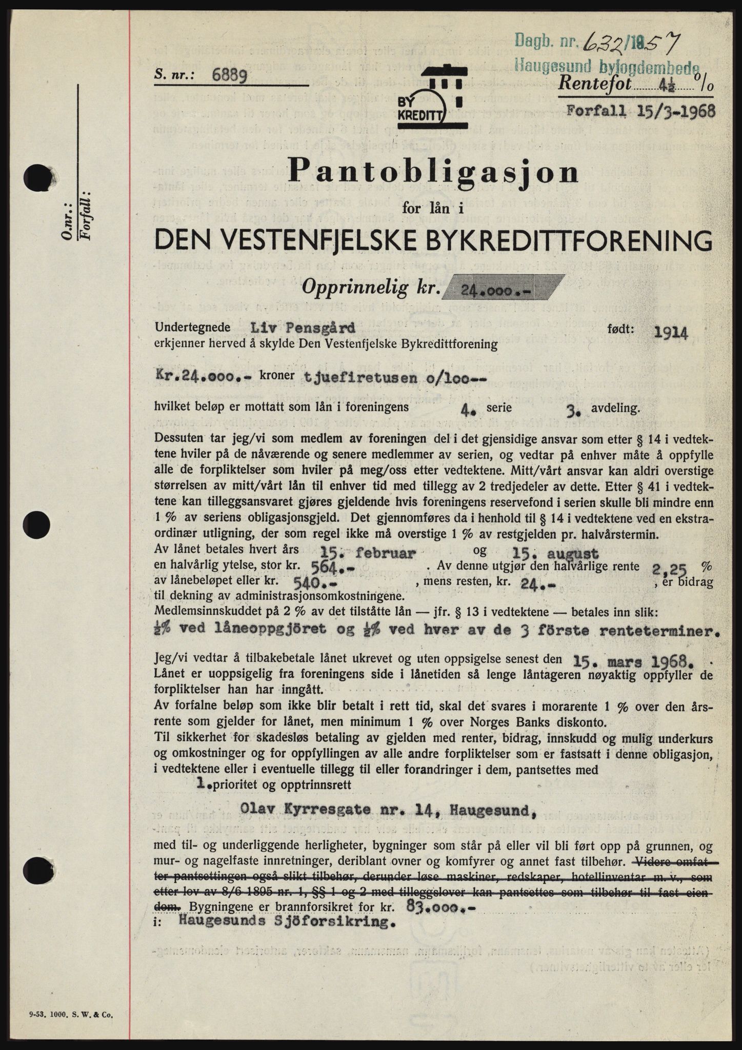 Haugesund tingrett, SAST/A-101415/01/II/IIC/L0042: Pantebok nr. B 42, 1956-1957, Dagboknr: 632/1957