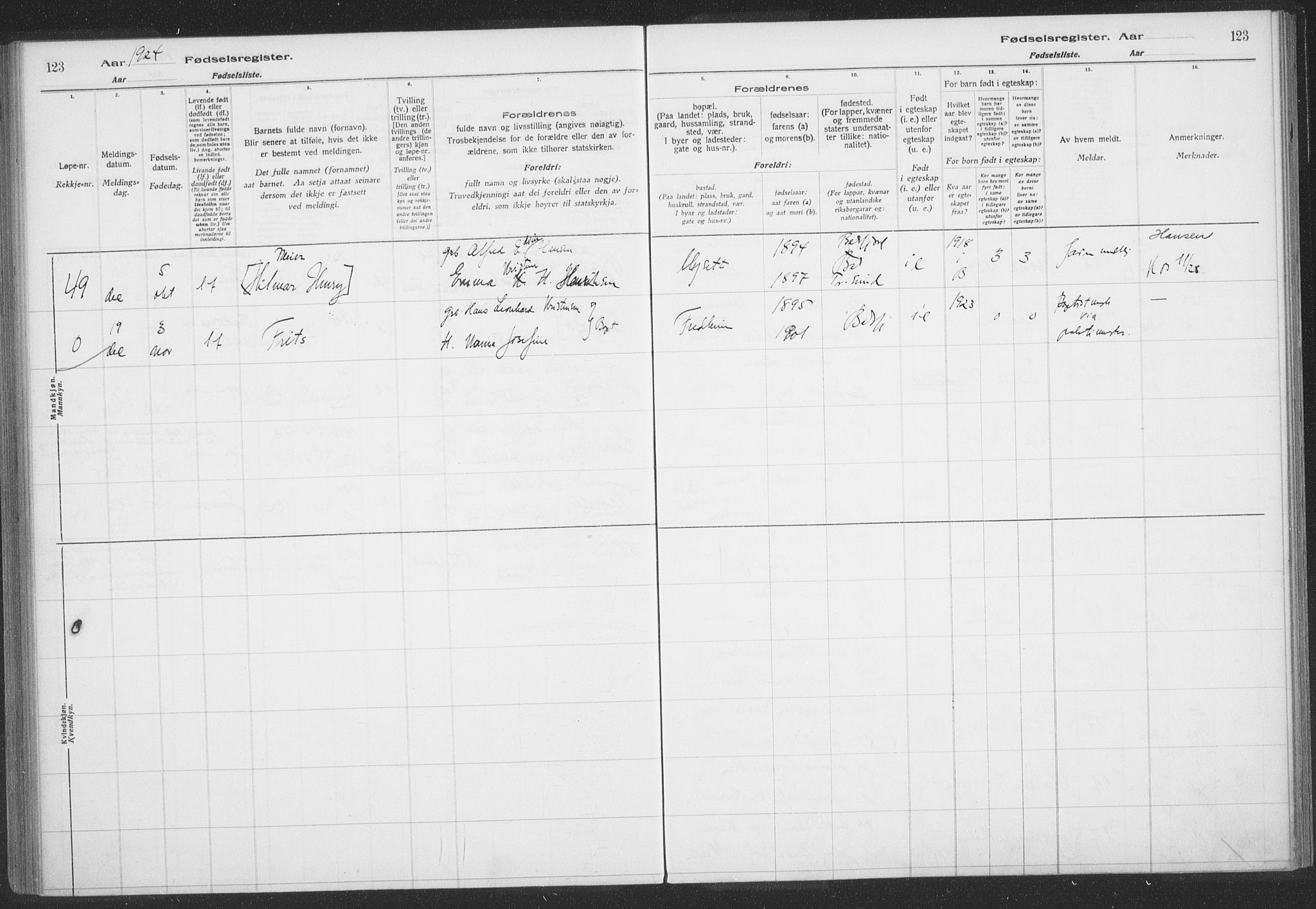 Balsfjord sokneprestembete, SATØ/S-1303/H/Hb/L0059: Fødselsregister nr. 59, 1916-1930, s. 123